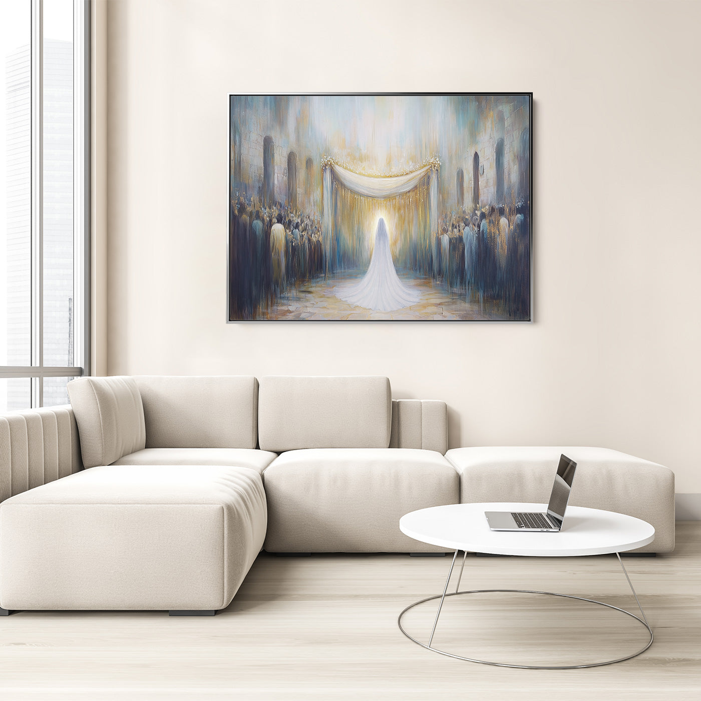 Contemporary Jewish art depicting a Jerusalem wedding scene, ideal for Hebrew wall decor and religious Judaica prints.