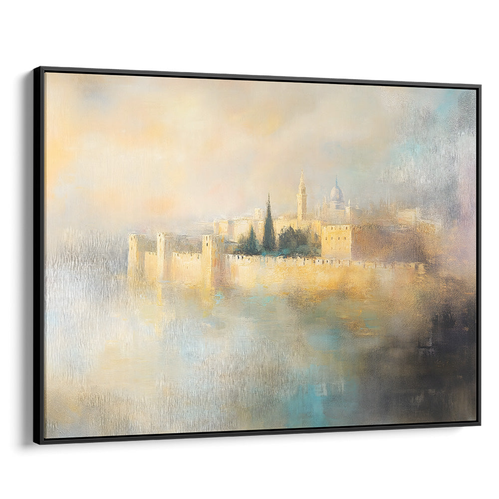 Jerusalem cityscape painting, impressionist style, religious Judaica print, contemporary Jewish artwork, black frame.