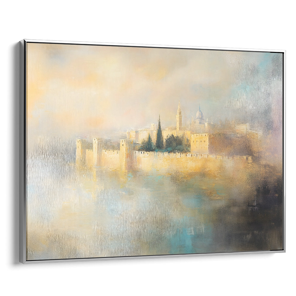 Jerusalem Eternal artwork in silver frame, impressionist contemporary Jewish art, ideal for Hebrew wall decor.