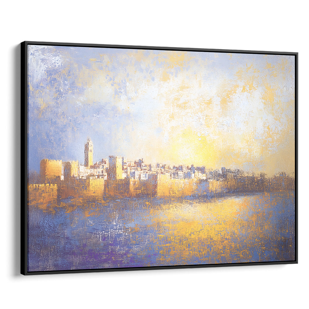 "Abstract painting of Jerusalem cityscape with gold hues, contemporary Jewish artwork, ideal Hebrew wall decor."
