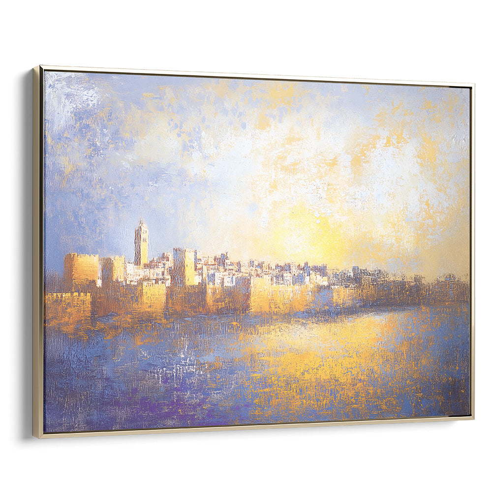 "Jerusalem of Gold abstract Jewish art in a gold frame, featuring contemporary Judaica and Hebrew wall decor."