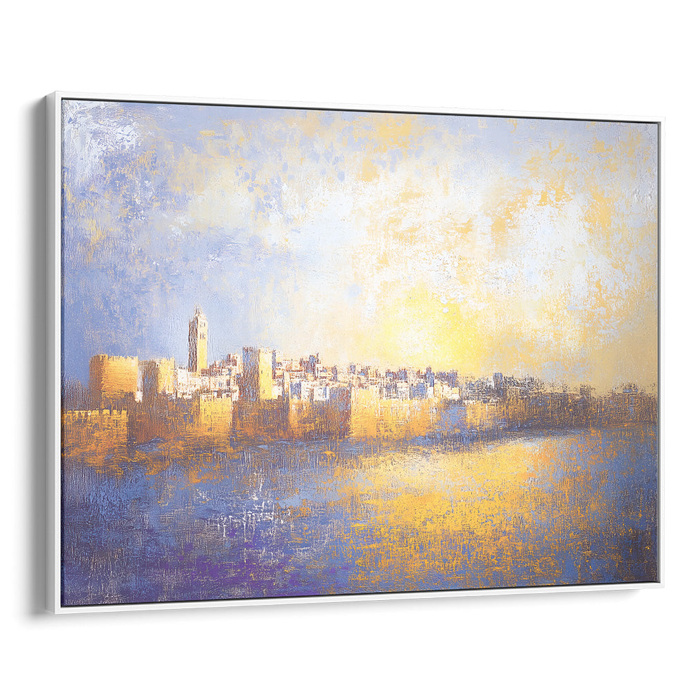"Jerusalem of Gold abstract painting showcasing contemporary Jewish art in a white frame, ideal for Hebrew wall decor."