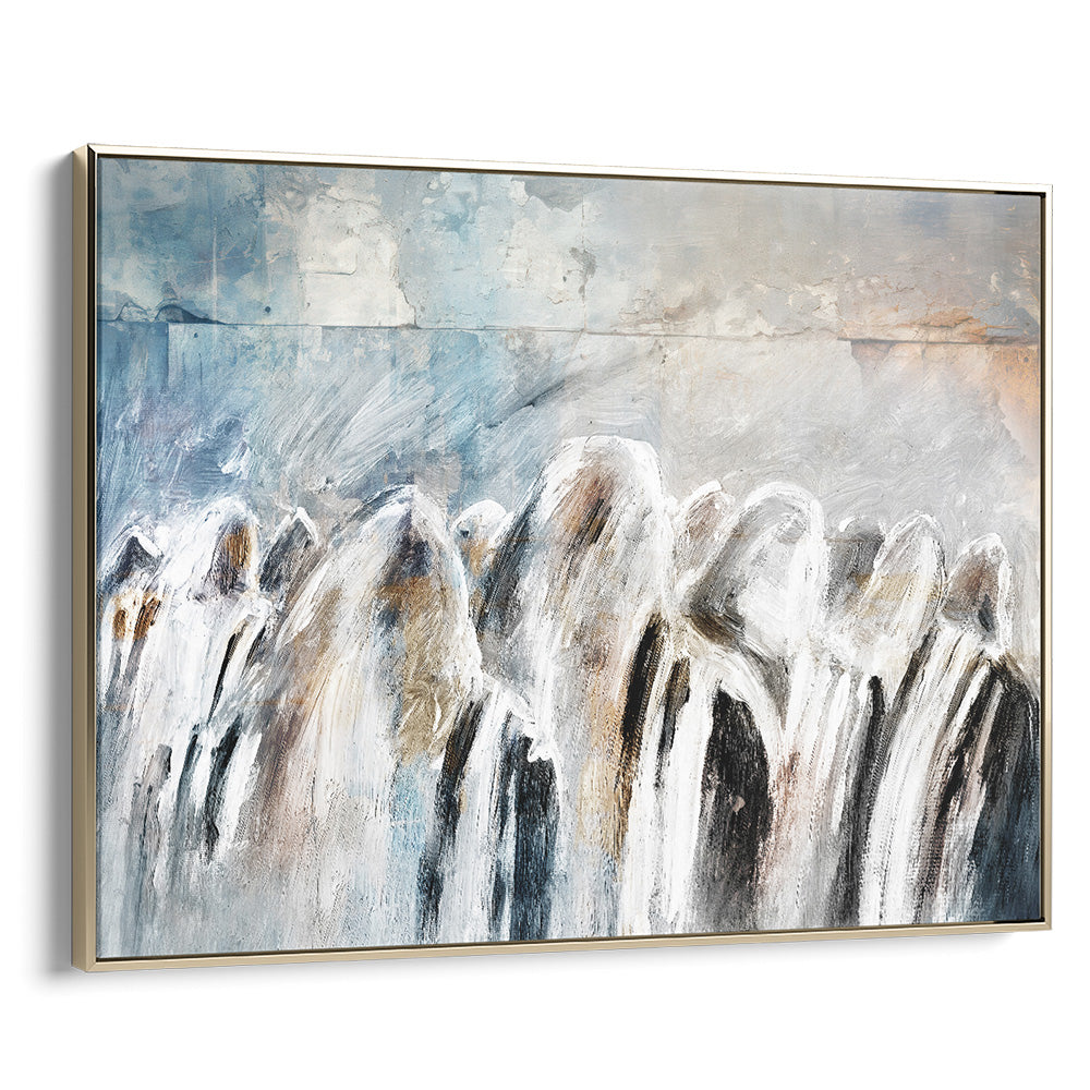 Contemporary Jewish wall art depicting Shacharit at the Western Wall, by Avigdor Ben-Ari, gold frame included.