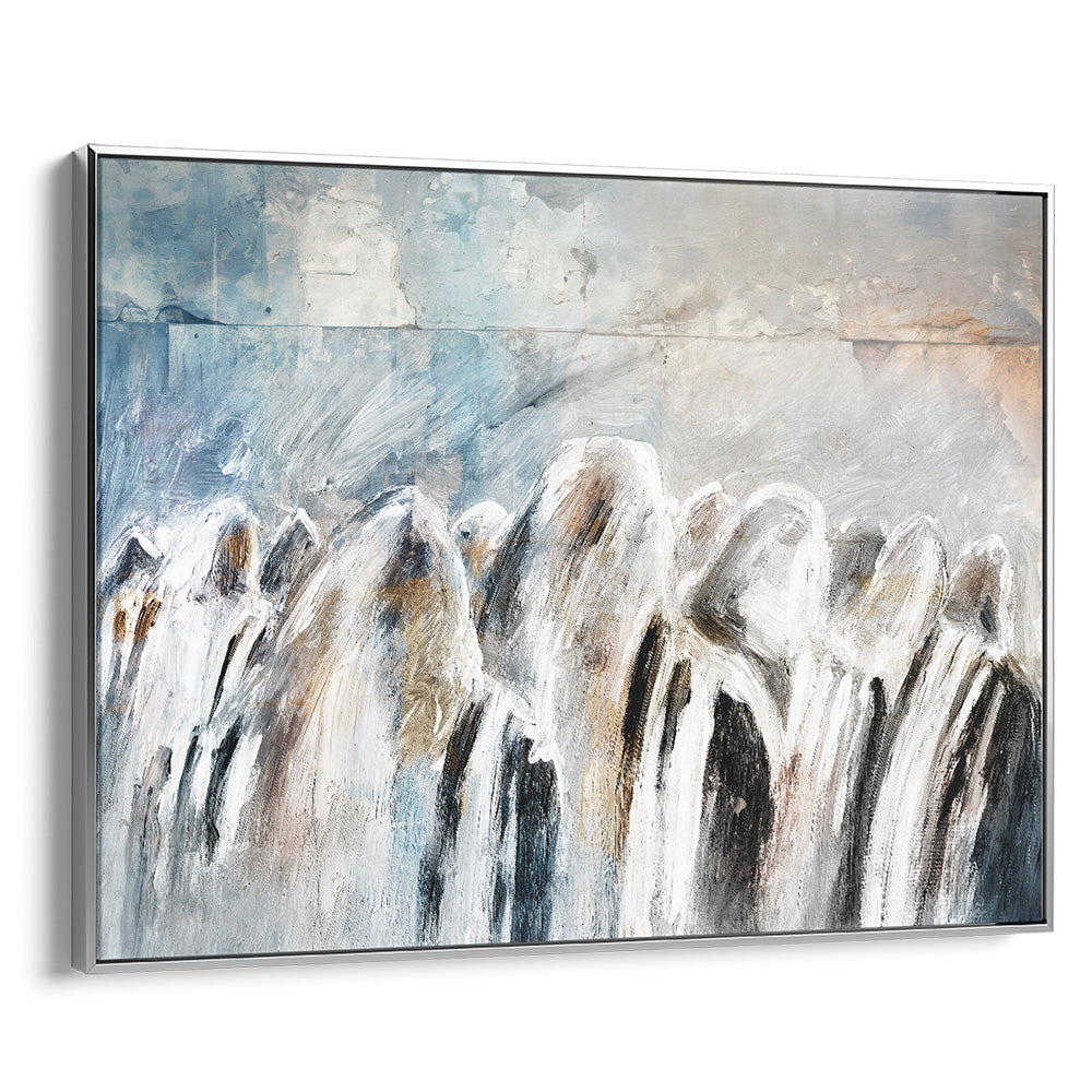 Contemporary Jewish wall art depicting Shacharit prayer at the Western Wall by Avigdor Ben-Ari, silver frame.