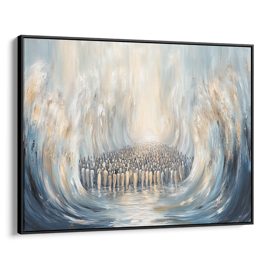 Contemporary Jewish art depicting the Red Sea Crossing, featuring dynamic waves and figures in religious Judaica style.
