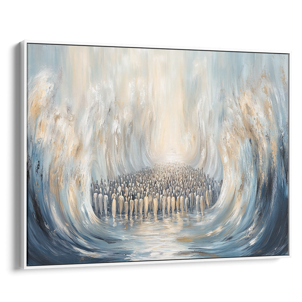 Contemporary Jewish art of the Red Sea crossing, featuring abstract waves in religious Judaica print style.