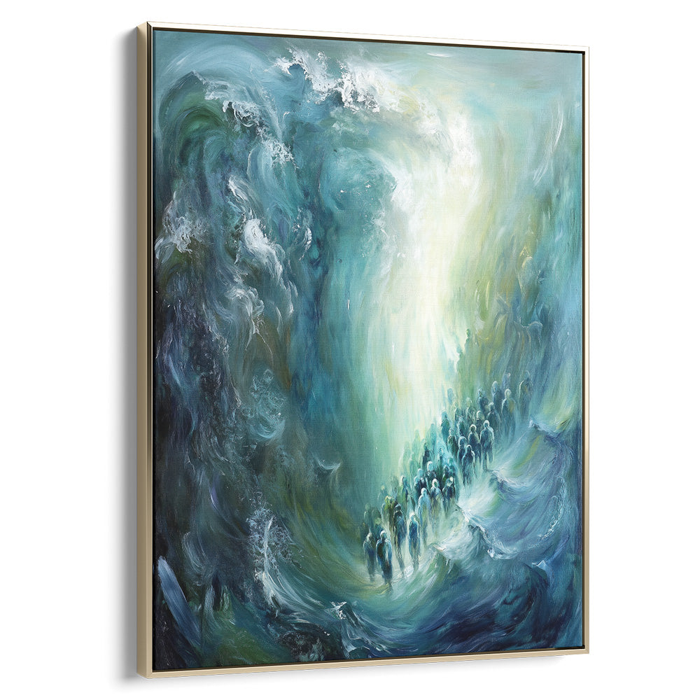 Contemporary Jewish art depicting the Red Sea miracle, perfect for Hebrew wall decor and religious Judaica prints.