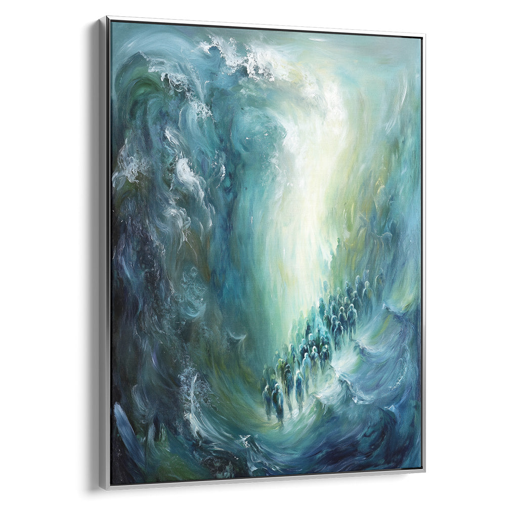 Contemporary Jewish art depicts Red Sea miracle in vivid colors, ideal Hebrew wall decor, religious Judaica prints.
