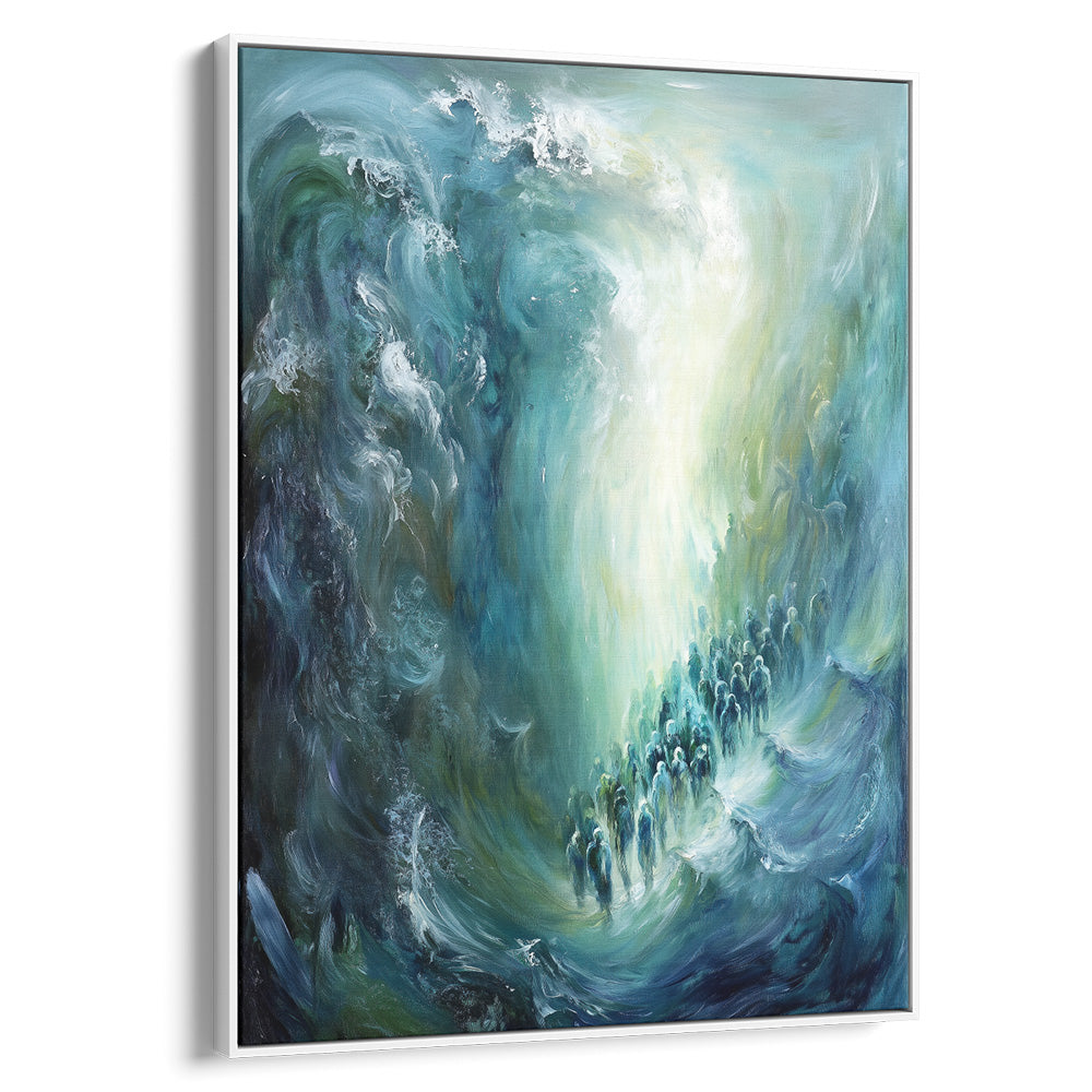 Contemporary Jewish artwork depicting the Red Sea miracle, featuring religious Judaica motifs and Hebrew wall decor.
