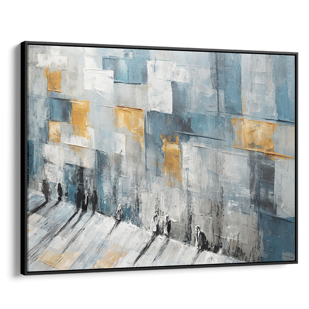 Abstract Judaica artwork of Western Wall by Avigdor Ben Ari, featuring textured blue and gold tones.