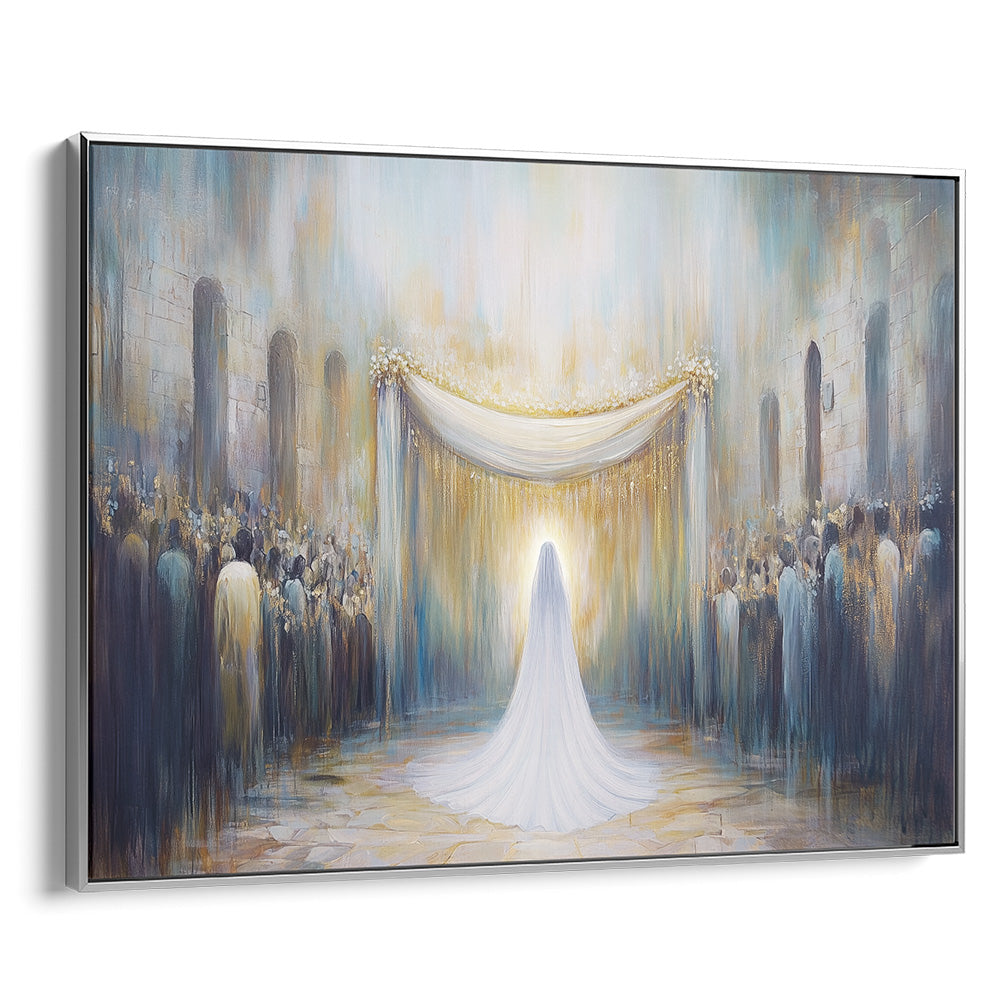 Bride under chuppah in Jerusalem; contemporary Jewish artwork, Hebrew wall decor, religious Judaica print.