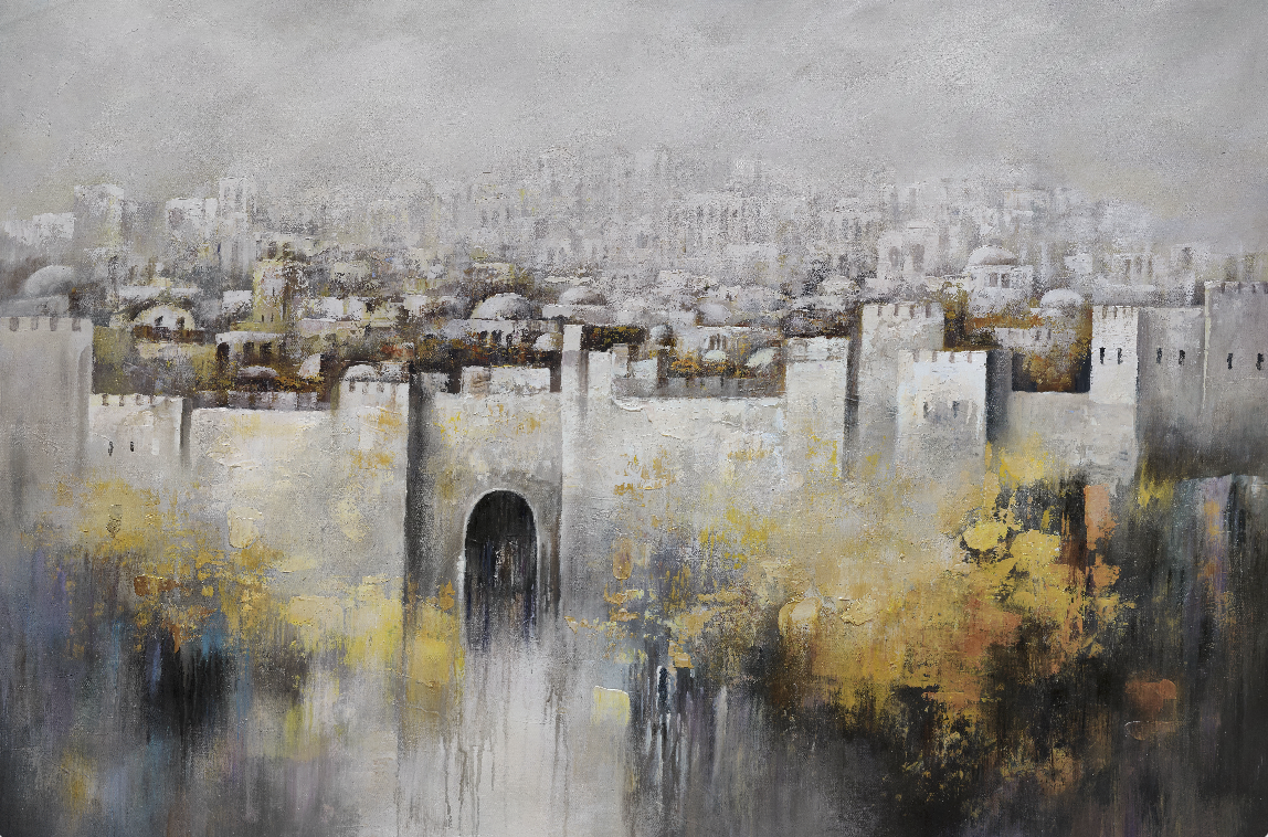 Jerusalem Mosaic - Cityscape by Yossi Biton: A detailed painting capturing Jerusalem's historical essence, showcasing the city's layered architecture and culture. Perfect for adding depth to any space.