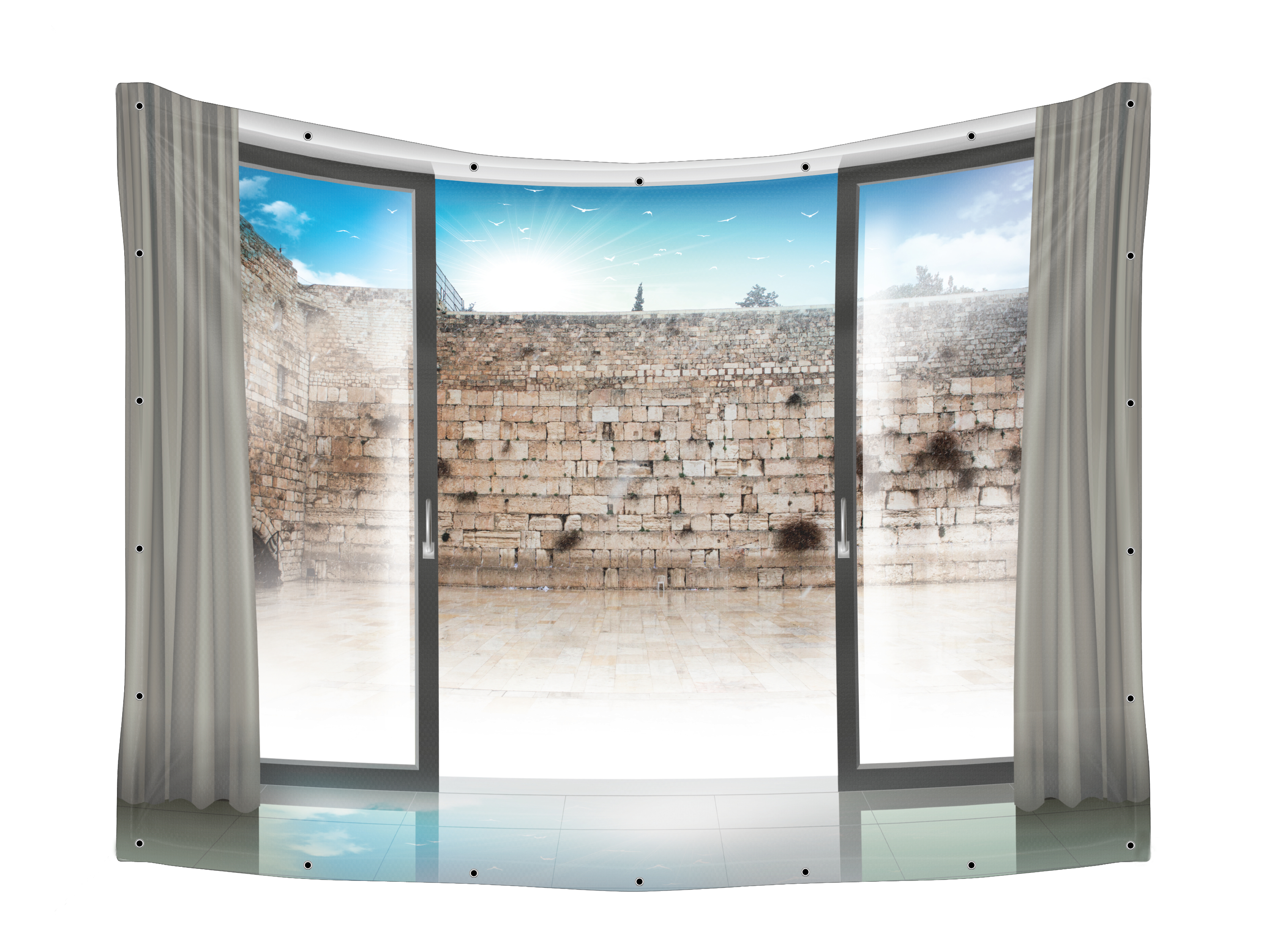 Western Wall Plaza View Fabric for Sukkah, featuring a detailed illustration of the Western Wall plaza, designed for immersive decoration, UV and waterproof.
