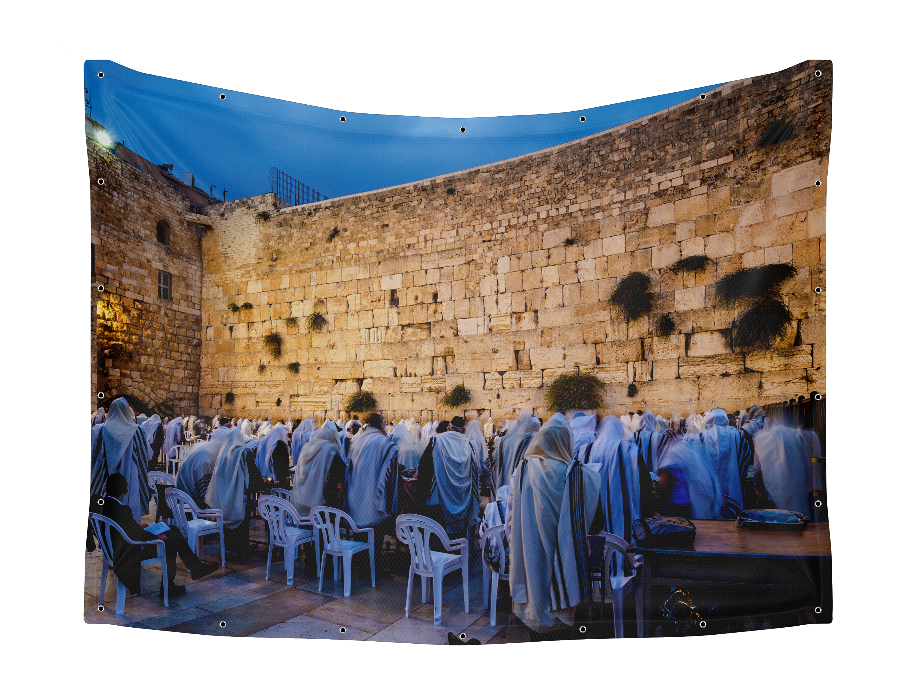 Dawn Prayer at Western Wall Sukkah Fabric featuring worshipers in white robes, perfect for creating a spiritual Sukkot atmosphere.