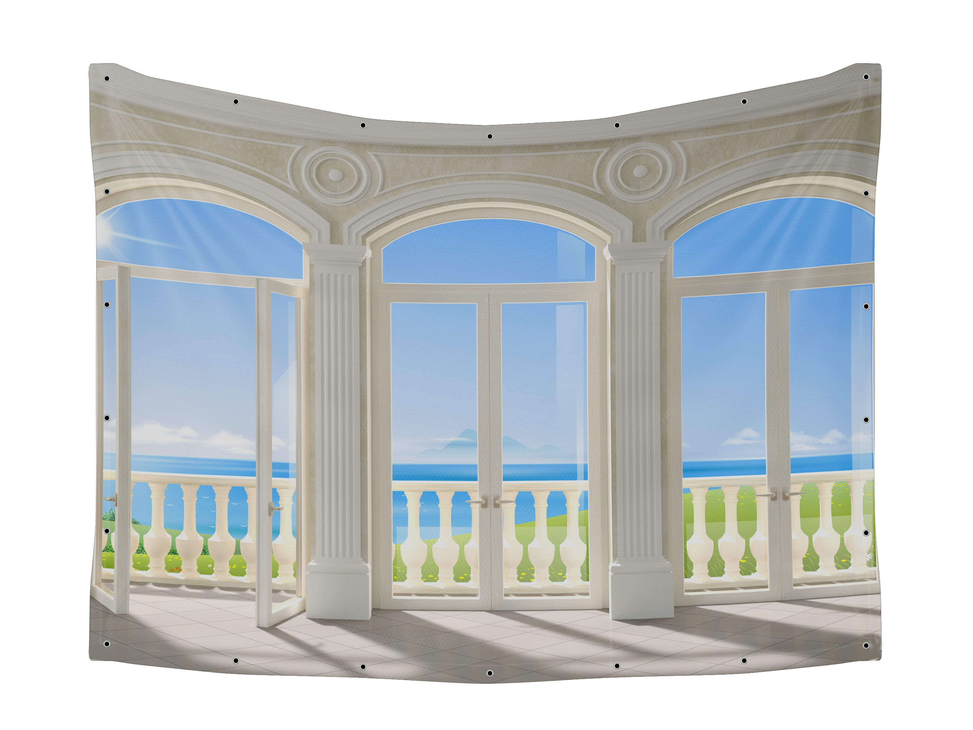 Summer Landscape & Blue Sky Balcony View Fabric showcasing a vibrant ocean view through large windows, ideal for bright Sukkah decor.