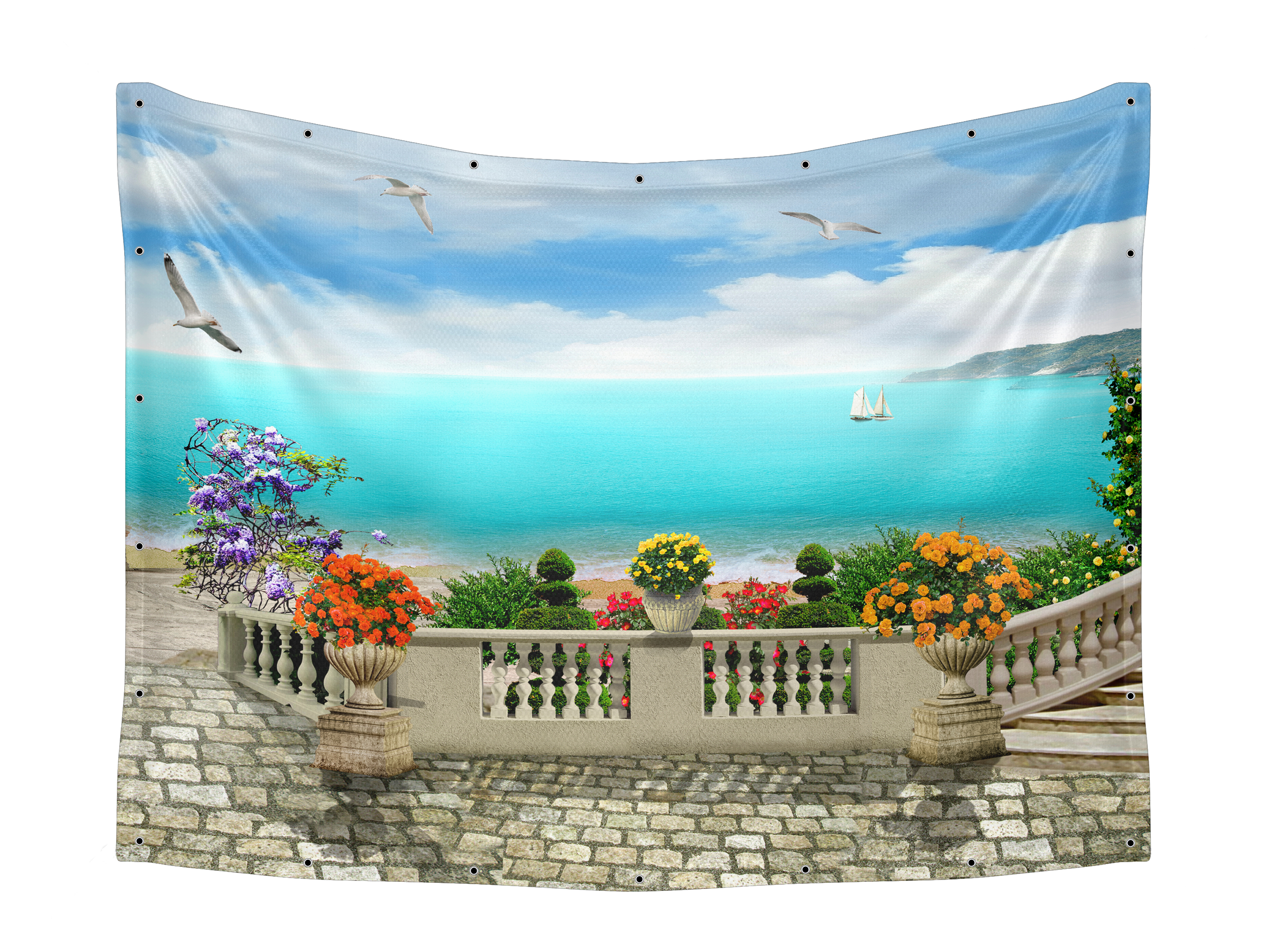 Blue Sea and Sky View Fabric featuring a painted sea, sky, and stone balcony with vibrant flower pots, perfect for Sukkah decor from Ben Ari Art Gallery.