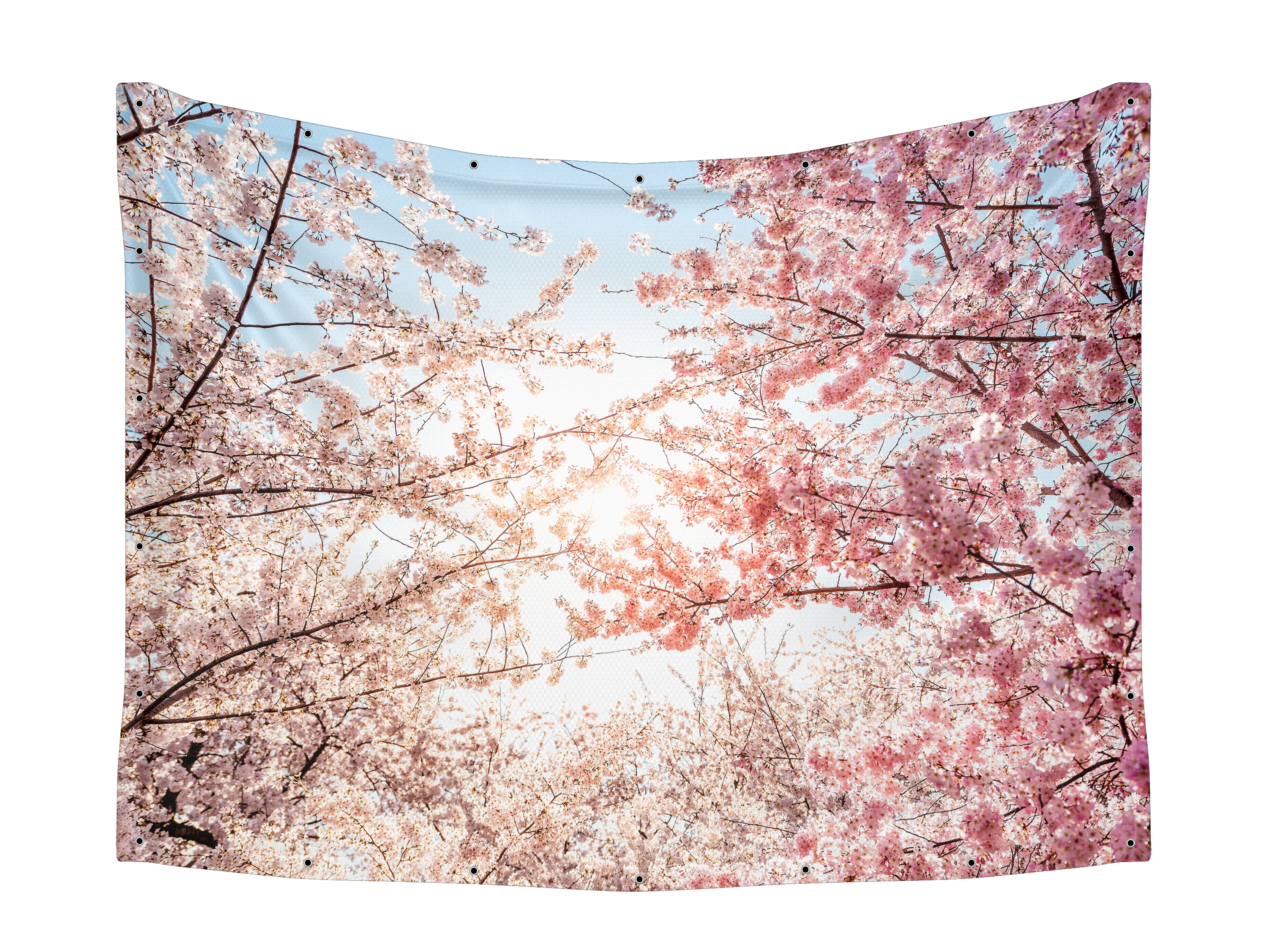 Cherry Blossom-Themed Sukkah Fabric featuring pink blossoming branches, perfect for a serene, nature-inspired Sukkah decoration, offering elegance and durability for the Sukkot holiday.