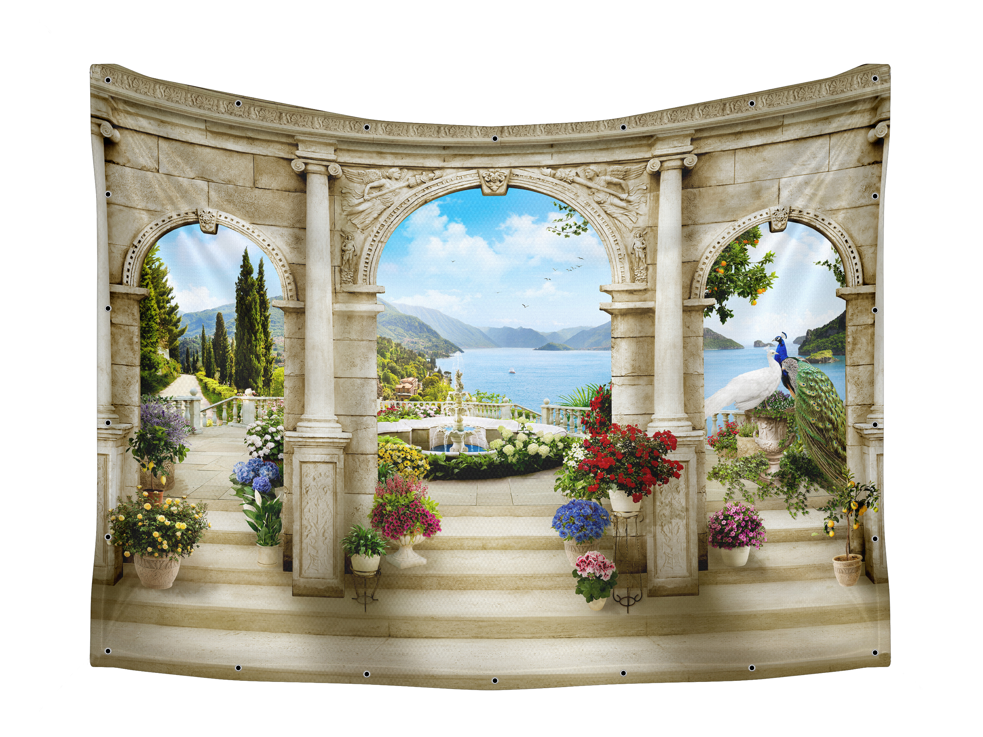 Royal Balcony Overlooking Lake and Mountains Sukkah Fabric features a majestic balcony with vibrant flower pots, a tranquil lake, and soaring birds for Sukkot decor.
