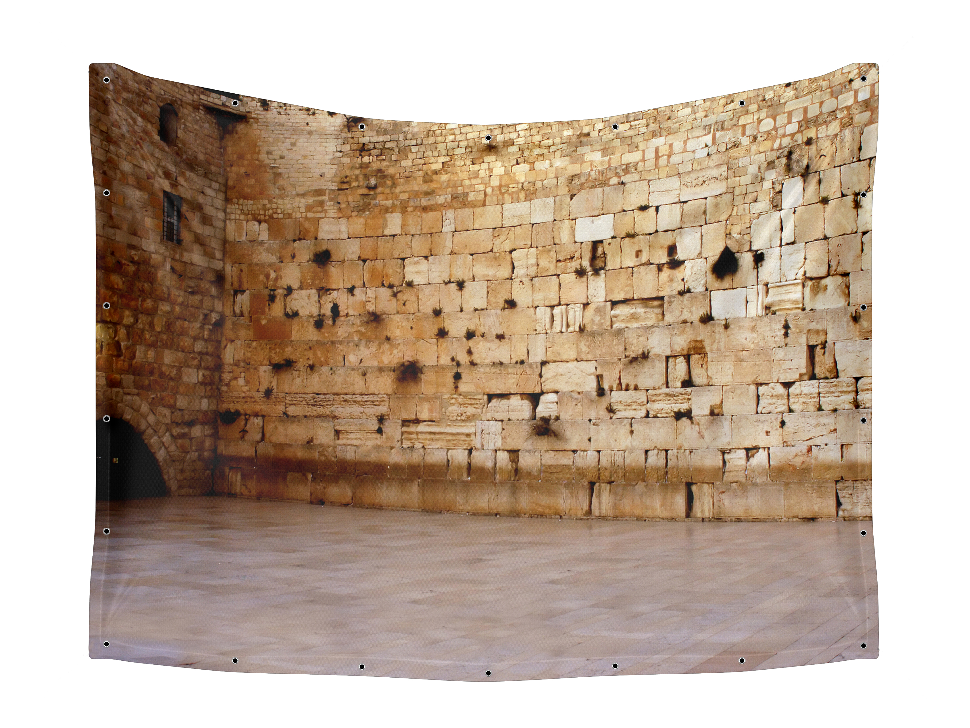 Western Wall Plaza Close-Up Fabric: A detailed image showing the stone texture of the Western Wall, designed for immersive Sukkah decor.
