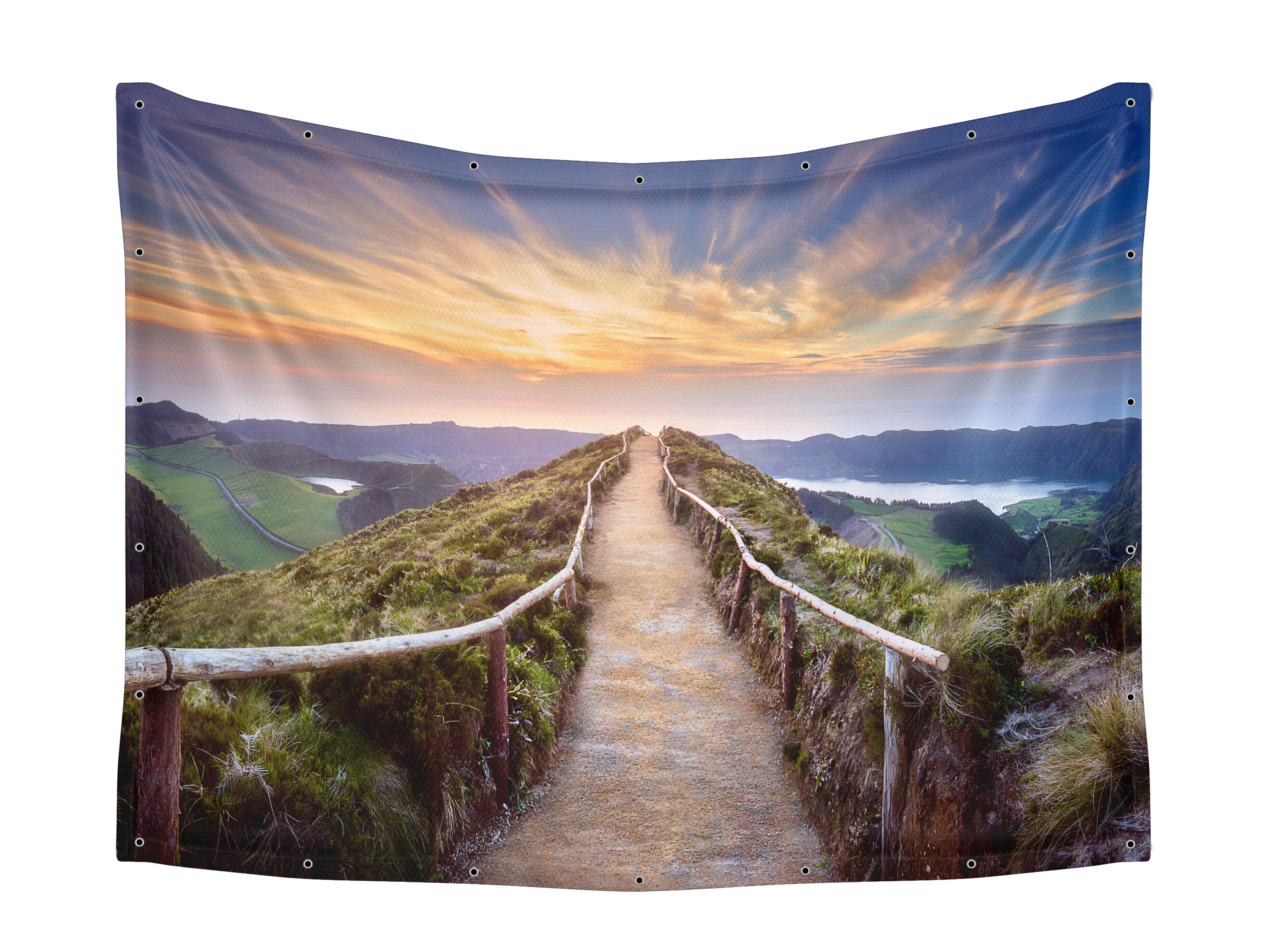 Lake Path Landscape Fabric for Sukkah decor, featuring a serene path leading to a sunlit lake, designed to enhance Sukkot celebrations with tranquility and UV protection.