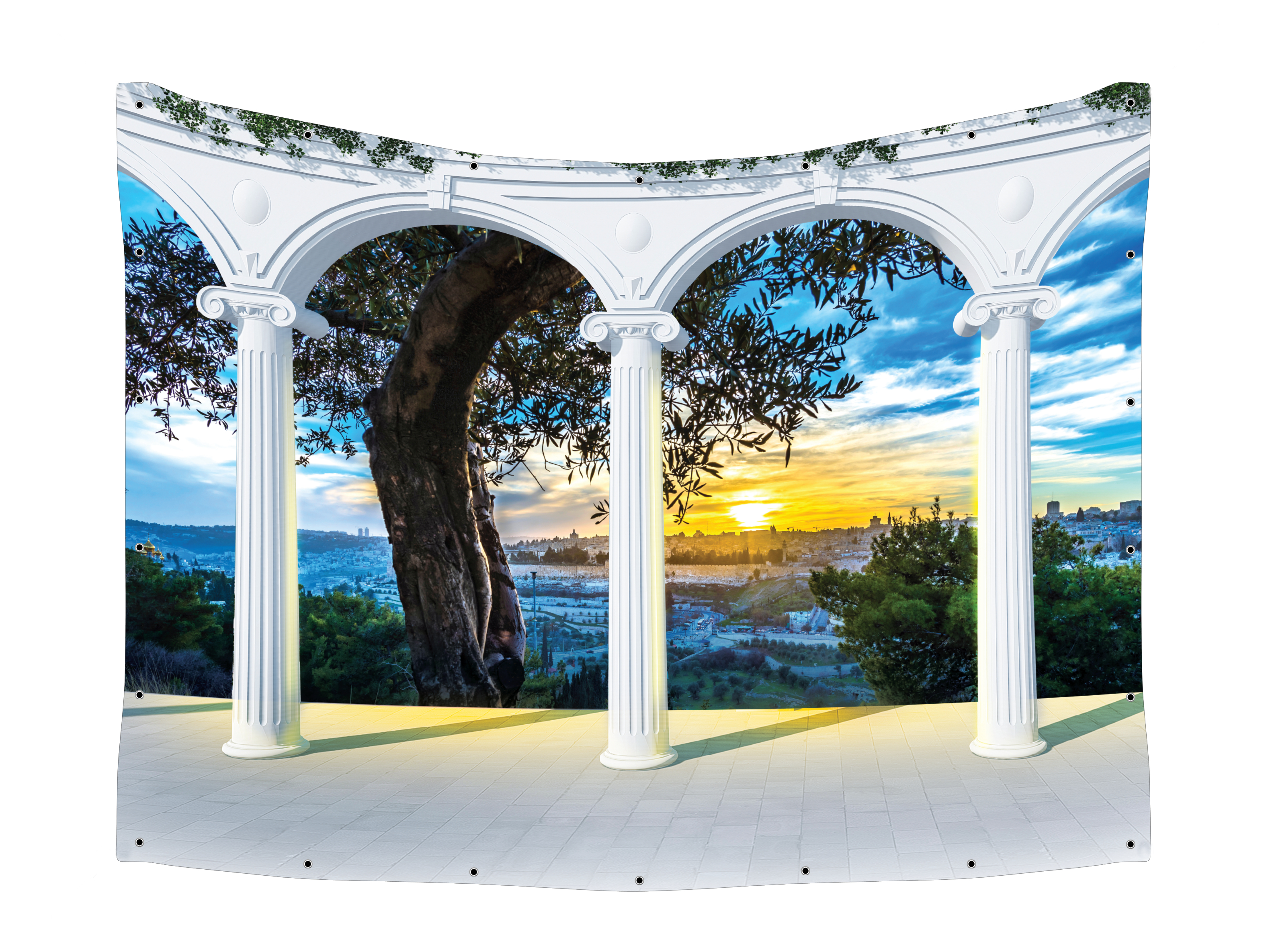 Old City Jerusalem & Olive Balcony Fabric, showcasing Jerusalem's silhouette at sunset through olive branches, designed for Sukkah decor, UV-proof and waterproof.