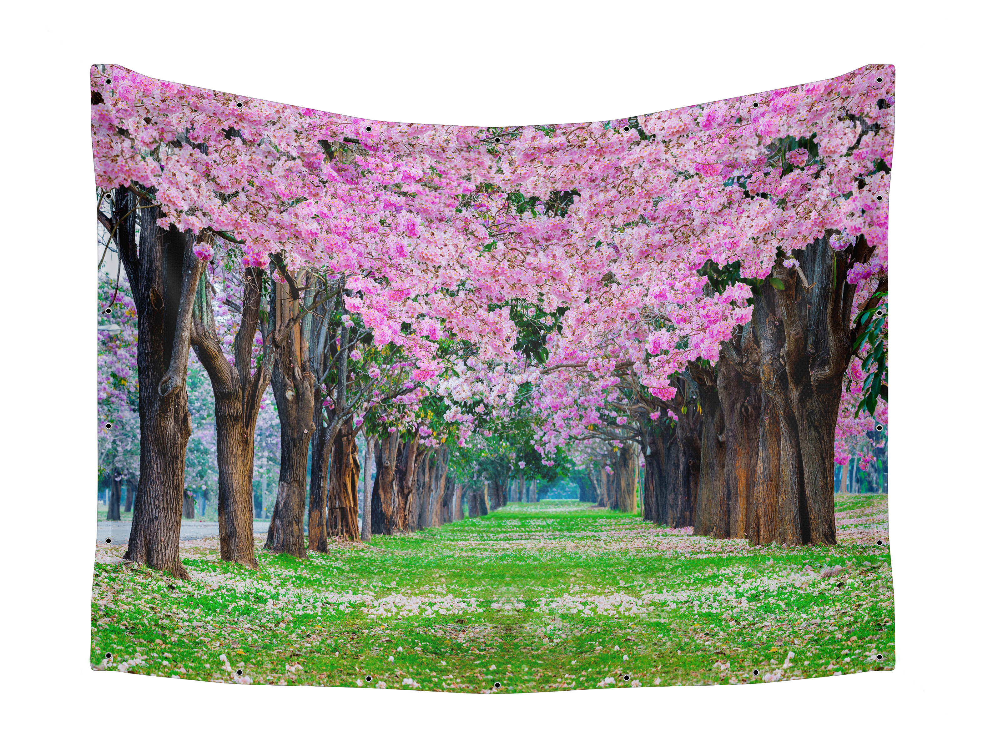 Cherry Blossom Forest Sukkah Fabric showcasing lush pink blossoms on trees, ideal for creating a serene Sukkot atmosphere. Perfect blend of traditional charm and contemporary design.