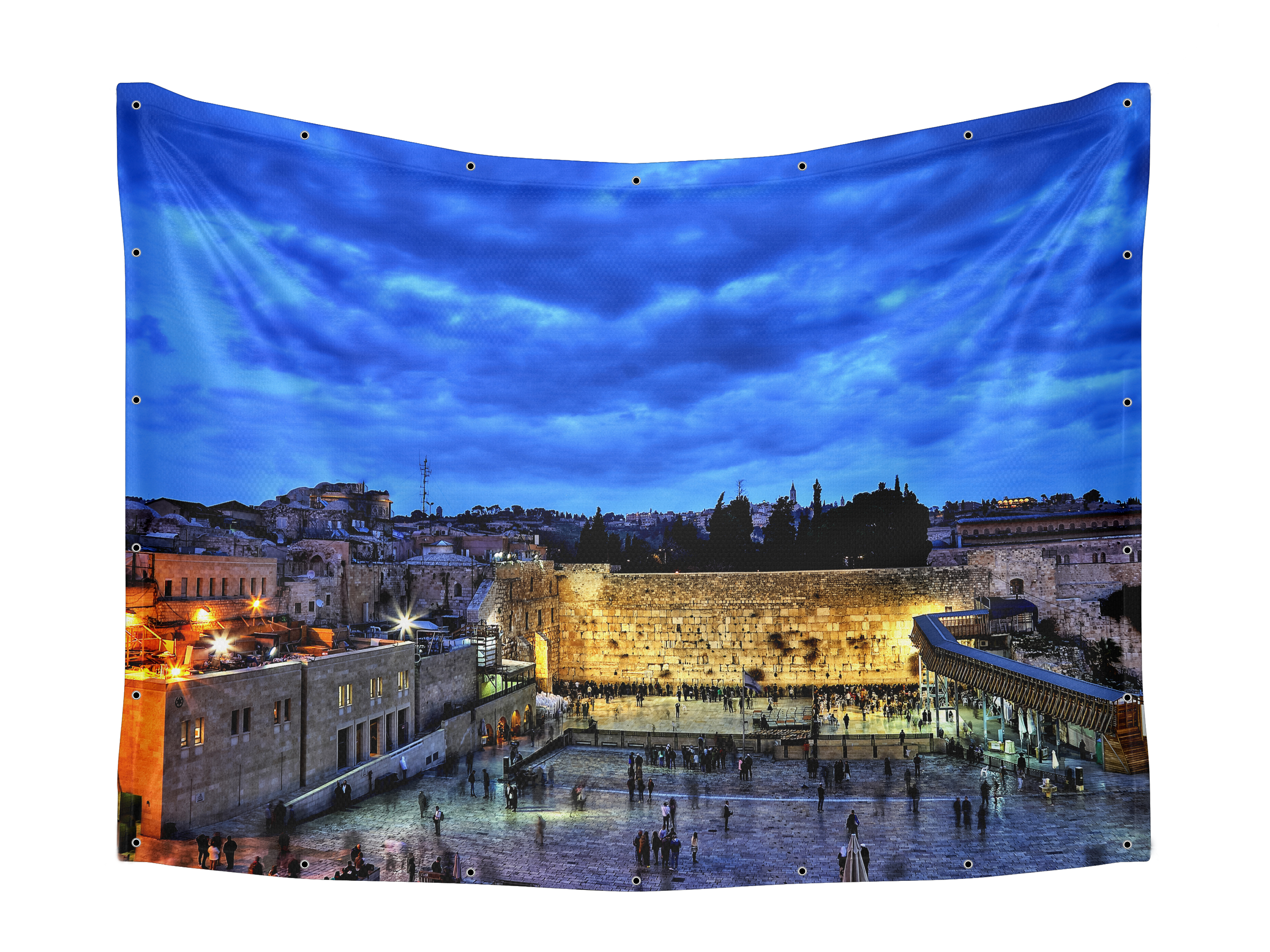 Jerusalem Western Wall Evening Photo Fabric for Sukkah Decor, featuring UV and waterproof qualities, showcasing a serene dusk ambiance. Ideal for spiritual and historical embellishment.