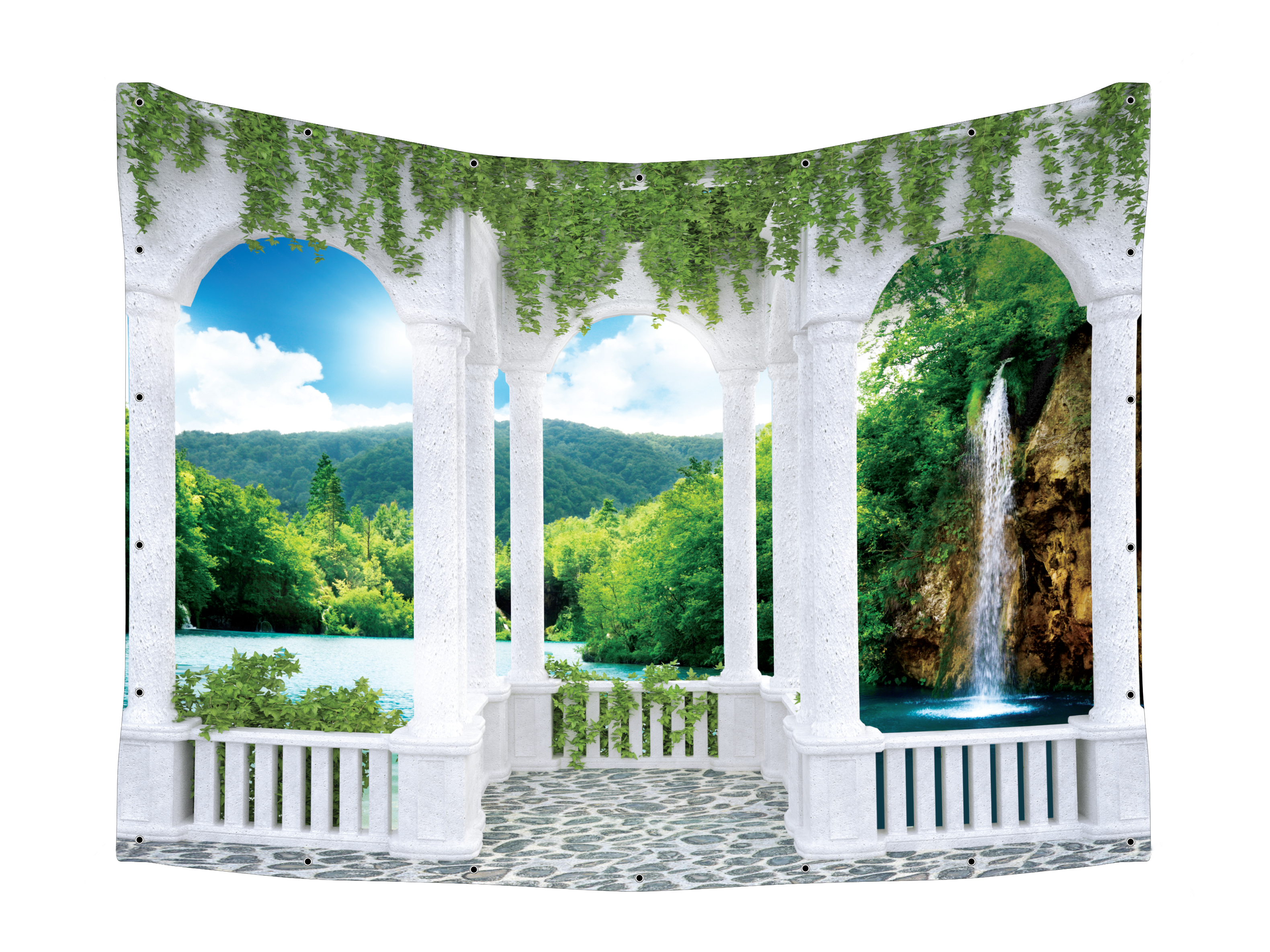 Waterfall & Lake View Fabric - Stone Balcony Design showcasing a lush landscape with a waterfall, lake, and trees, ideal for Sukkah decor by Ben Ari Art Gallery.