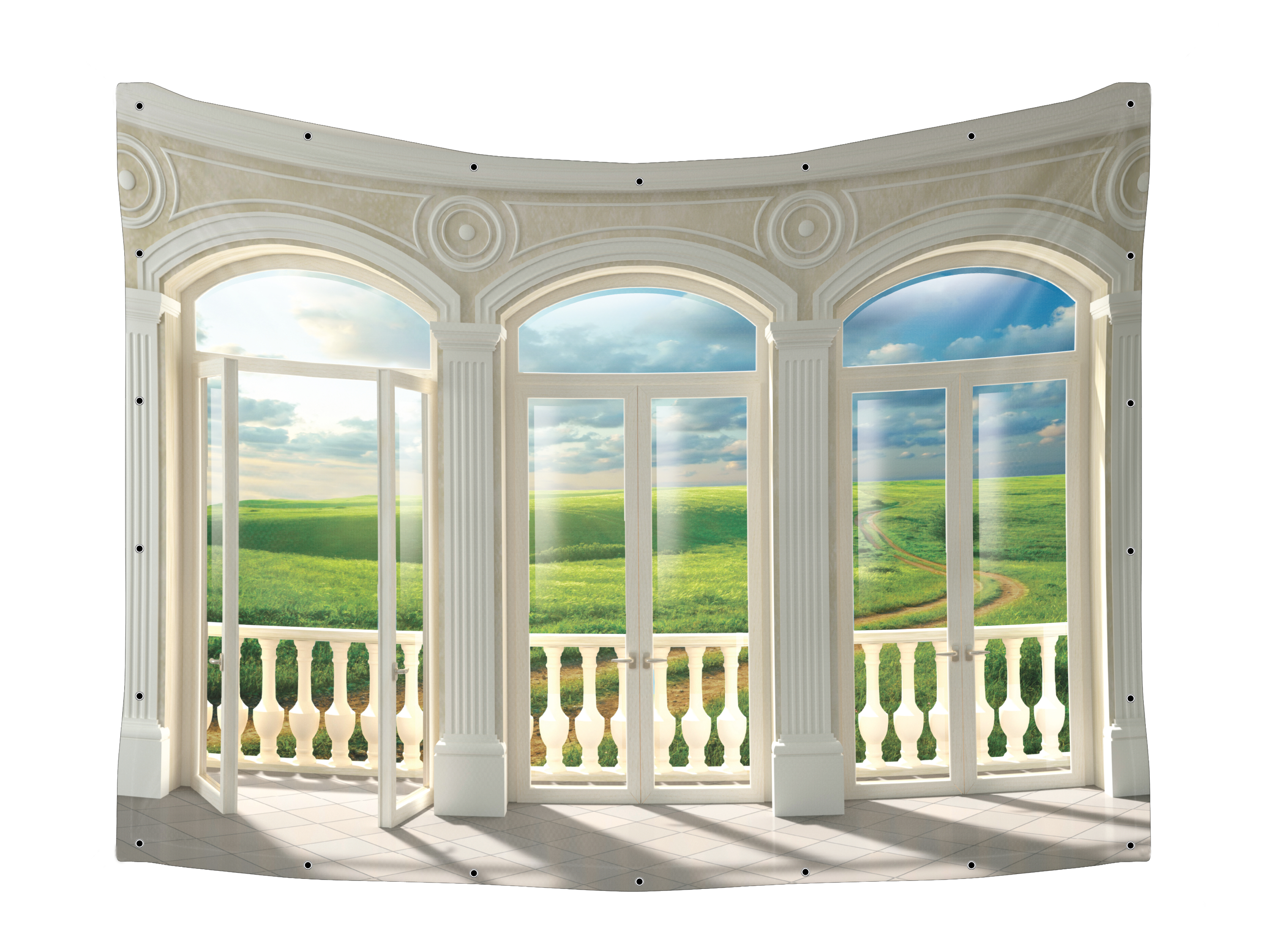 Green Summer Landscape with Blue Sky Balcony View Fabric, showcasing a lush field seen through a large window, ideal for enhancing Sukkah decor.