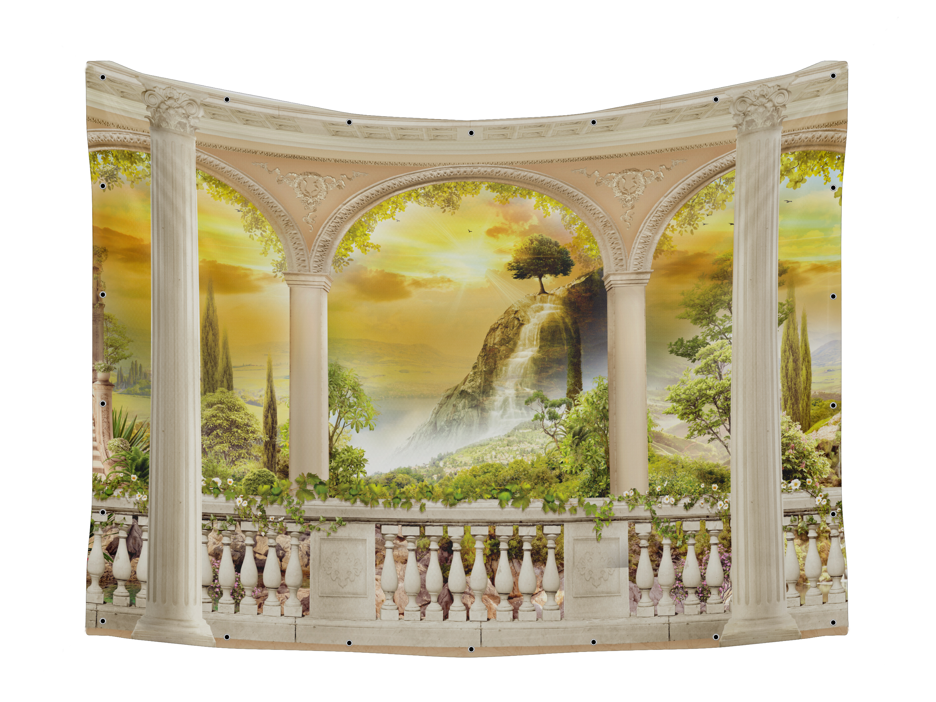Mountain View & Glowing Sky Fabric - Stone Balcony Sukkah Decor: A painting of a stone balcony overlooking a lush mountain landscape with a radiant sky, ideal for Sukkot.