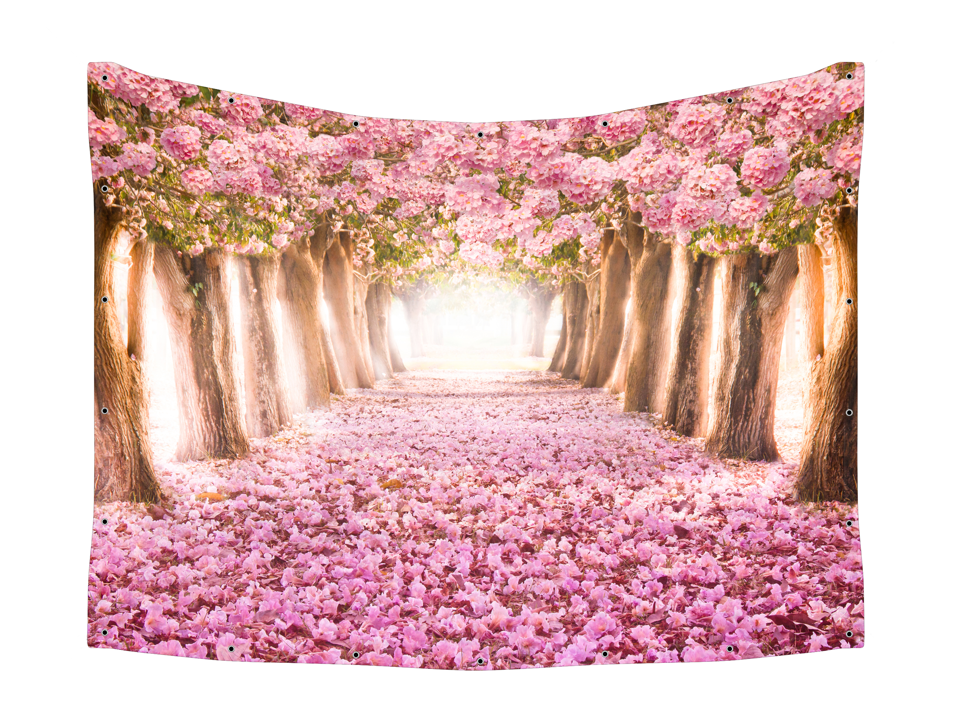 Cherry Orchard Blossom Sukkah Fabric with pink blossoms on cherry trees, creating a serene landscape for Sukkot celebrations, emphasizing vibrant spring scenery.