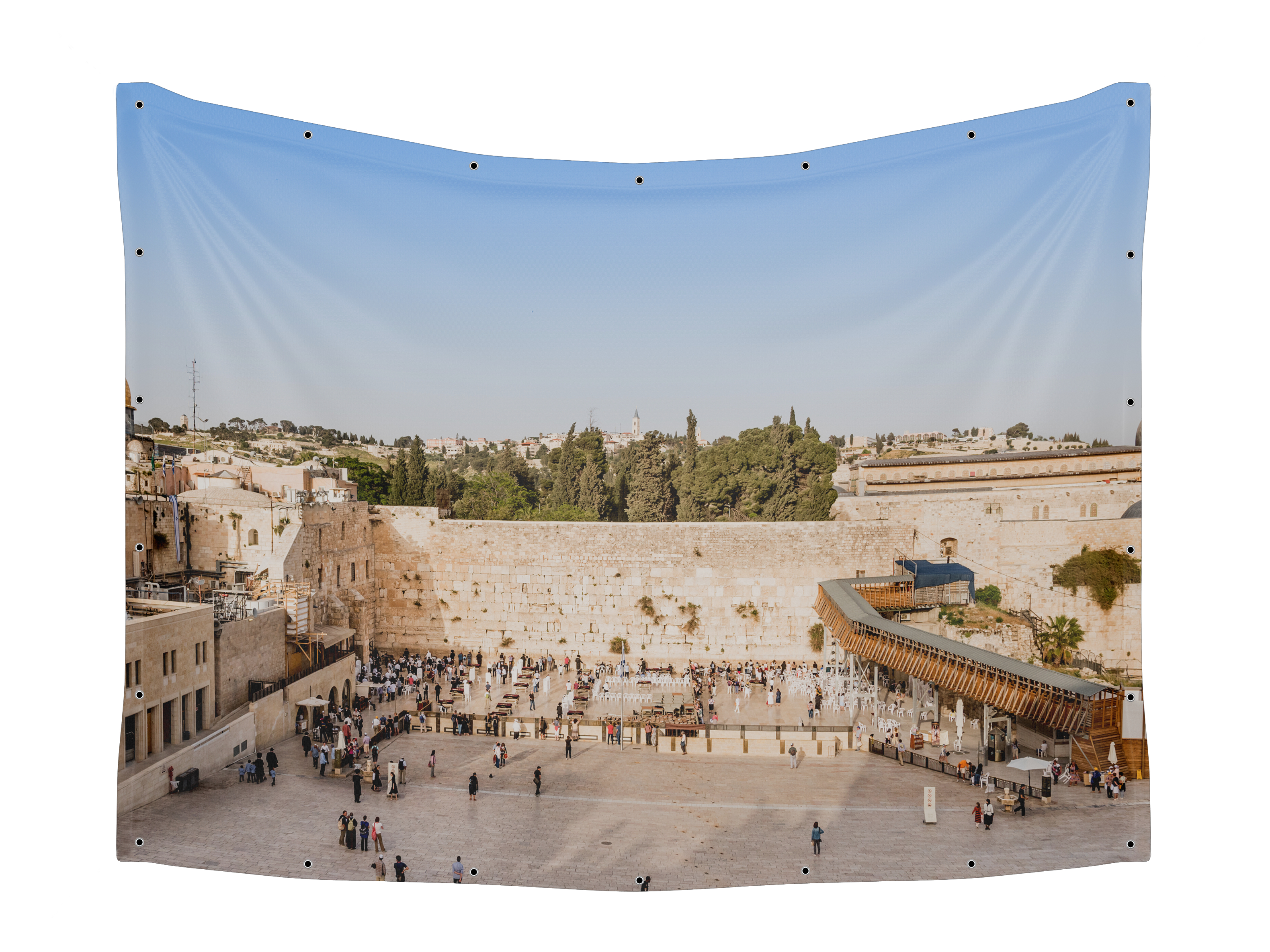 Western Wall Panorama Fabric - UV & Waterproof Sukkah Decoration, showcasing a panoramic view of the Western Wall with people in a courtyard, ideal for Sukkot celebrations.