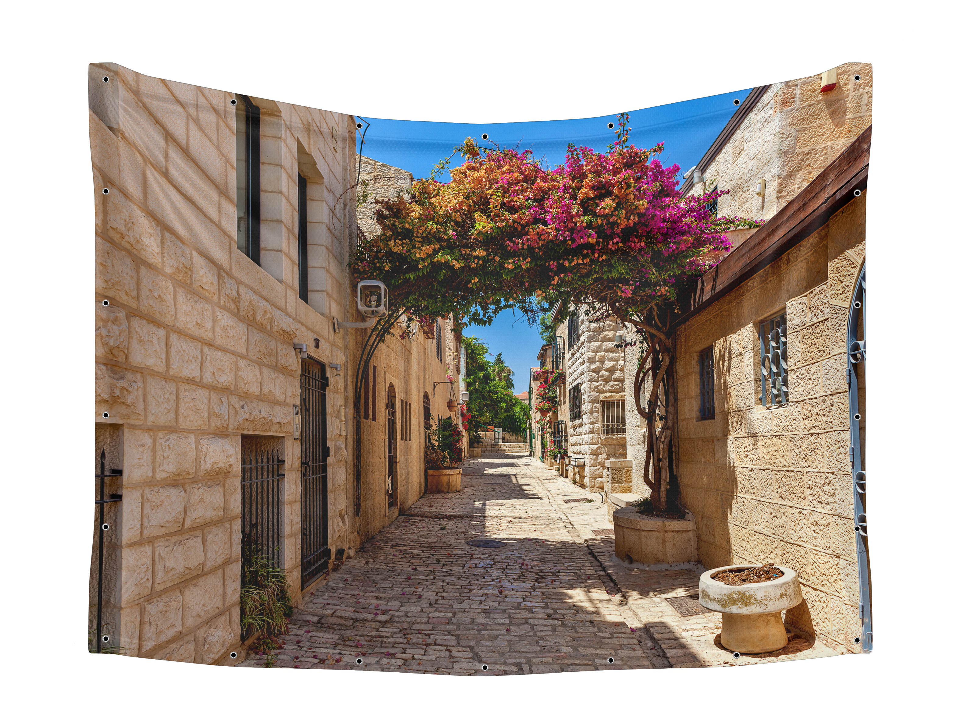 Jerusalem Alley & Floral Bush Fabric for Sukkah decor, showcasing a stone alley with vibrant flowers, UV-proof and waterproof for durable Sukkot celebrations.