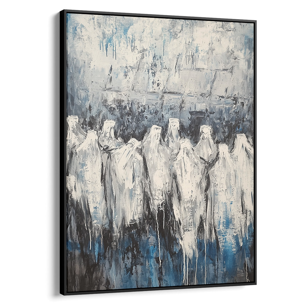Abstract contemporary Jewish art depicting figures at the Western Wall, featuring blue and white hues.