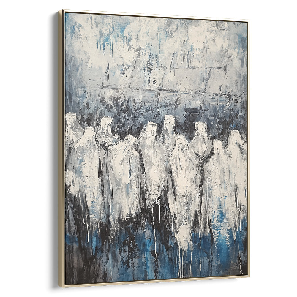 Abstract contemporary Jewish art print featuring figures at the Western Wall, ideal for Hebrew wall decor.