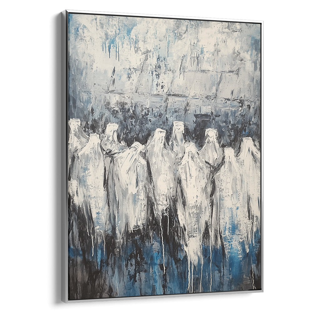 Veil of Prayer abstract contemporary Jewish art showcasing white figures at the Western Wall, silver-framed.