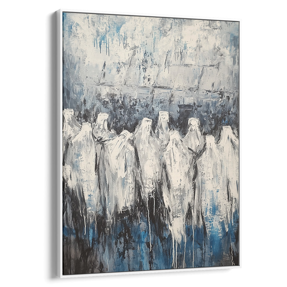 Abstract contemporary Jewish art depicting figures praying at the Western Wall, ideal for Hebrew wall decor.