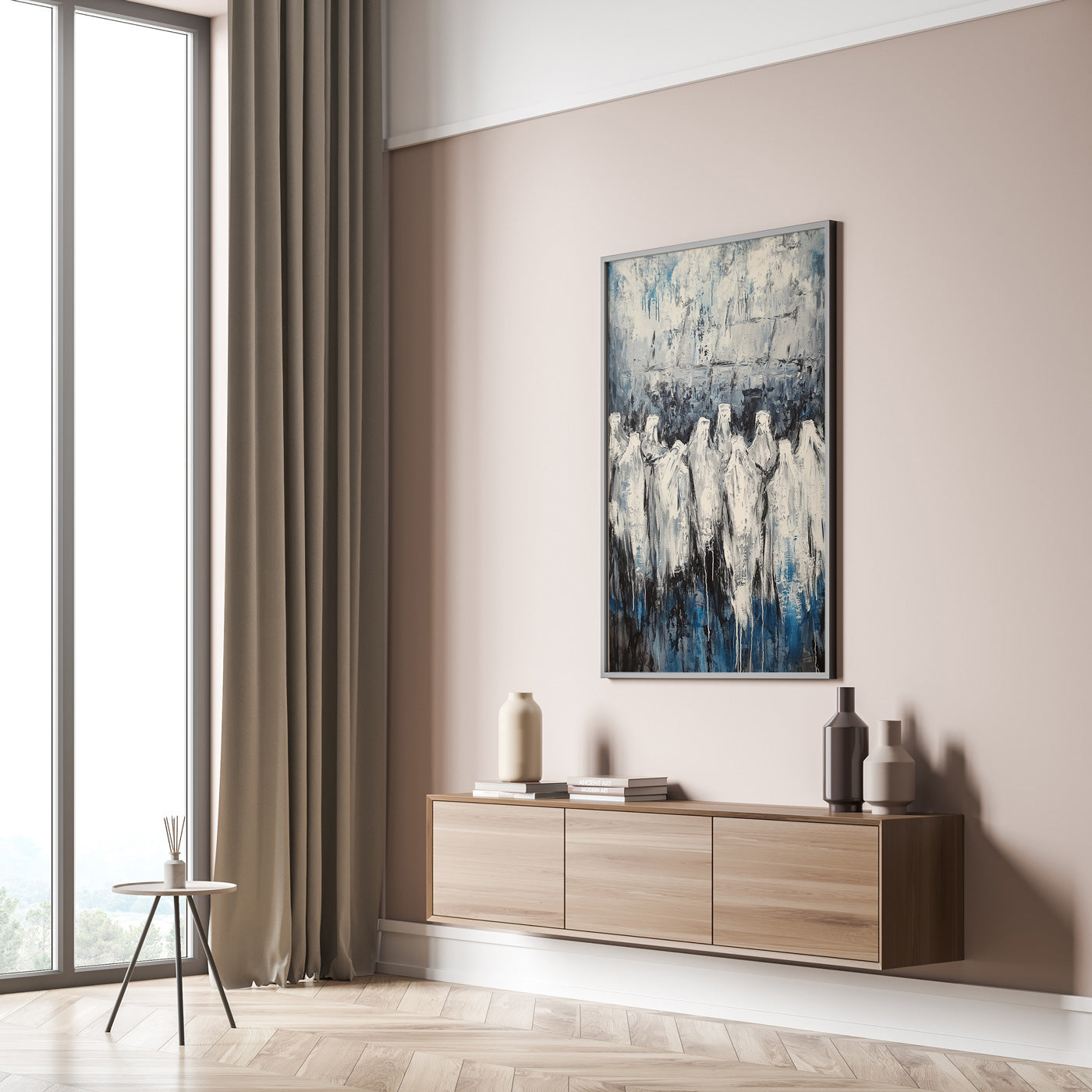 Veil of Prayer abstract contemporary Jewish artwork displayed on wall, featuring Hebrew decor and Judaica prints.