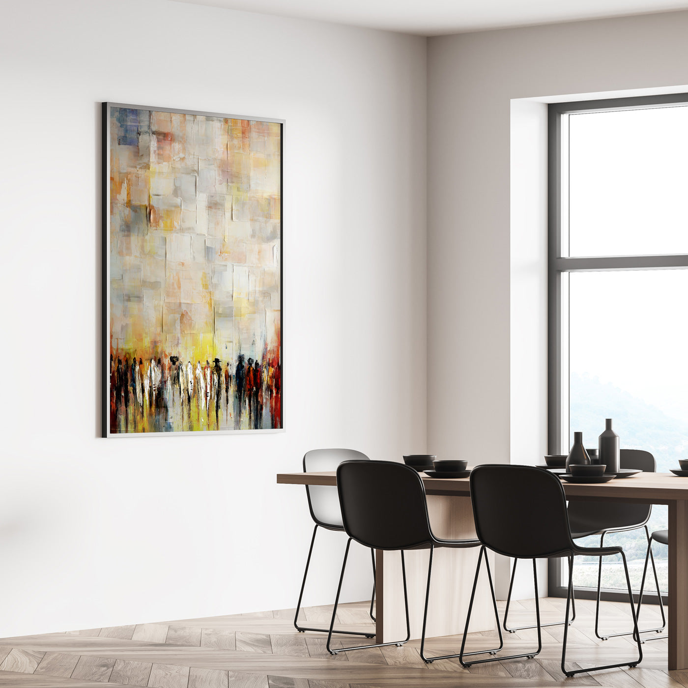 Subtle abstract art of the Western Wall by Avigdor Ben-Ari in modern dining room setting.