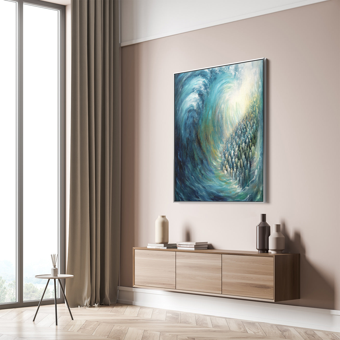 Contemporary Jewish artwork of the Red Sea crossing, perfect for Hebrew wall decor and religious Judaica prints.