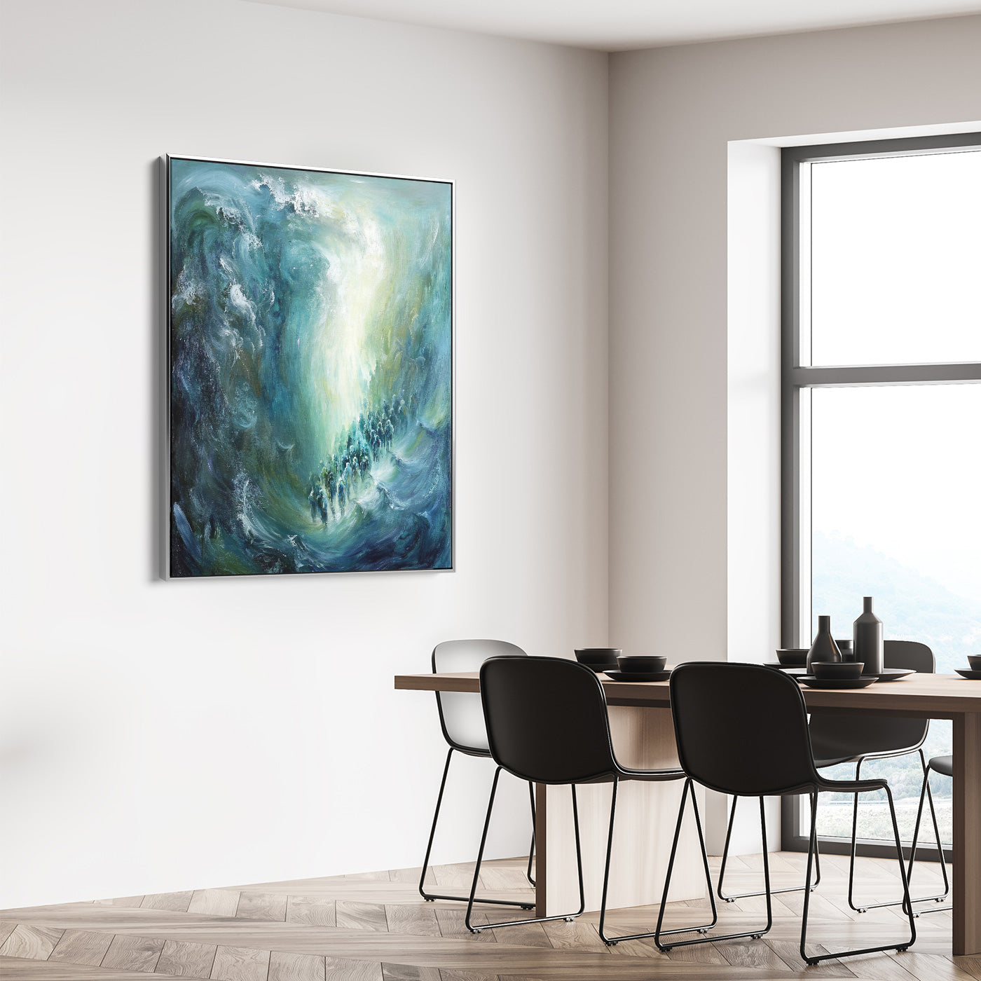 Contemporary Jewish art depicting the Red Sea miracle, perfect for Hebrew wall decor and religious Judaica prints.