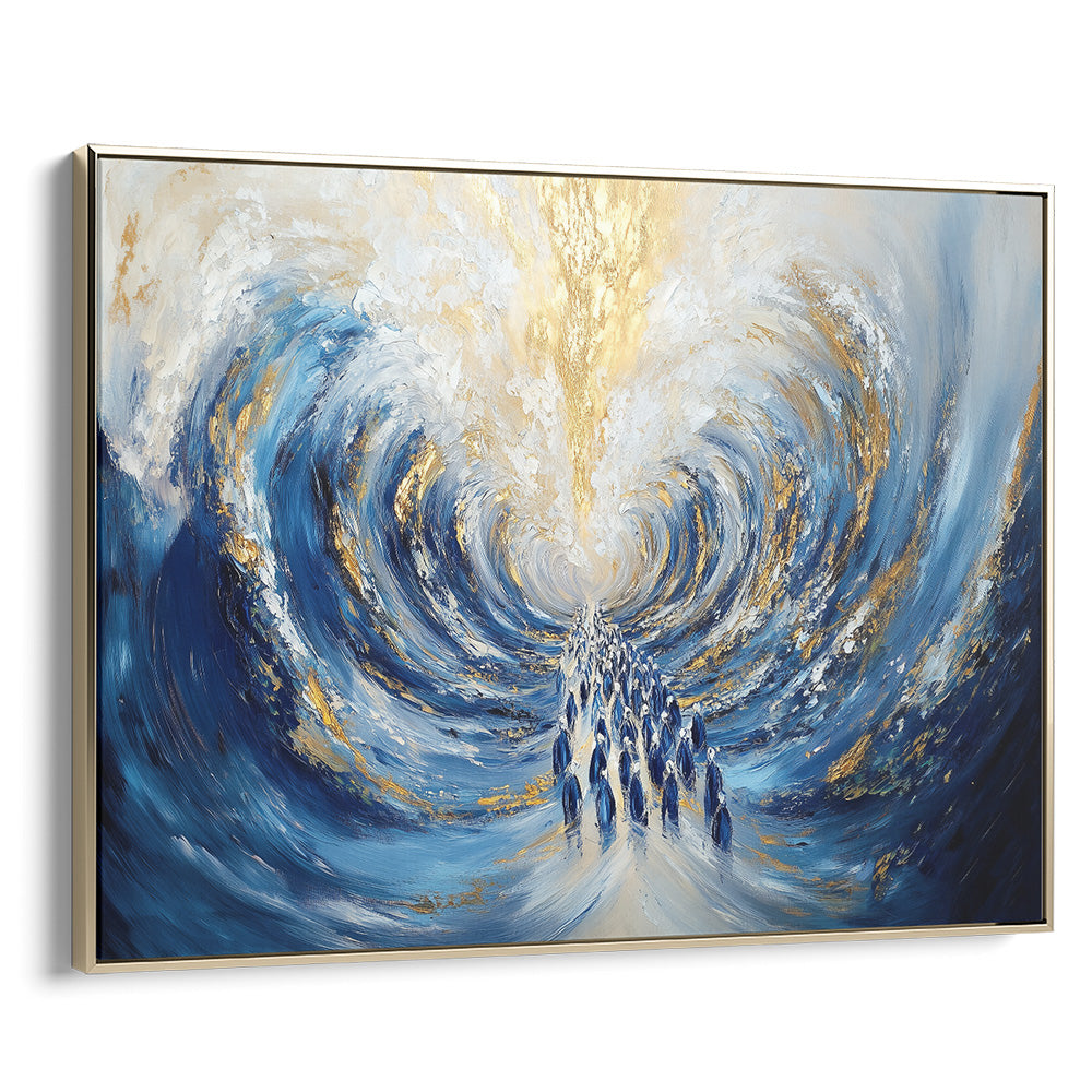 Contemporary Jewish art depicting Red Sea Miracle, vibrant waves in religious Judaica print, gold frame included.