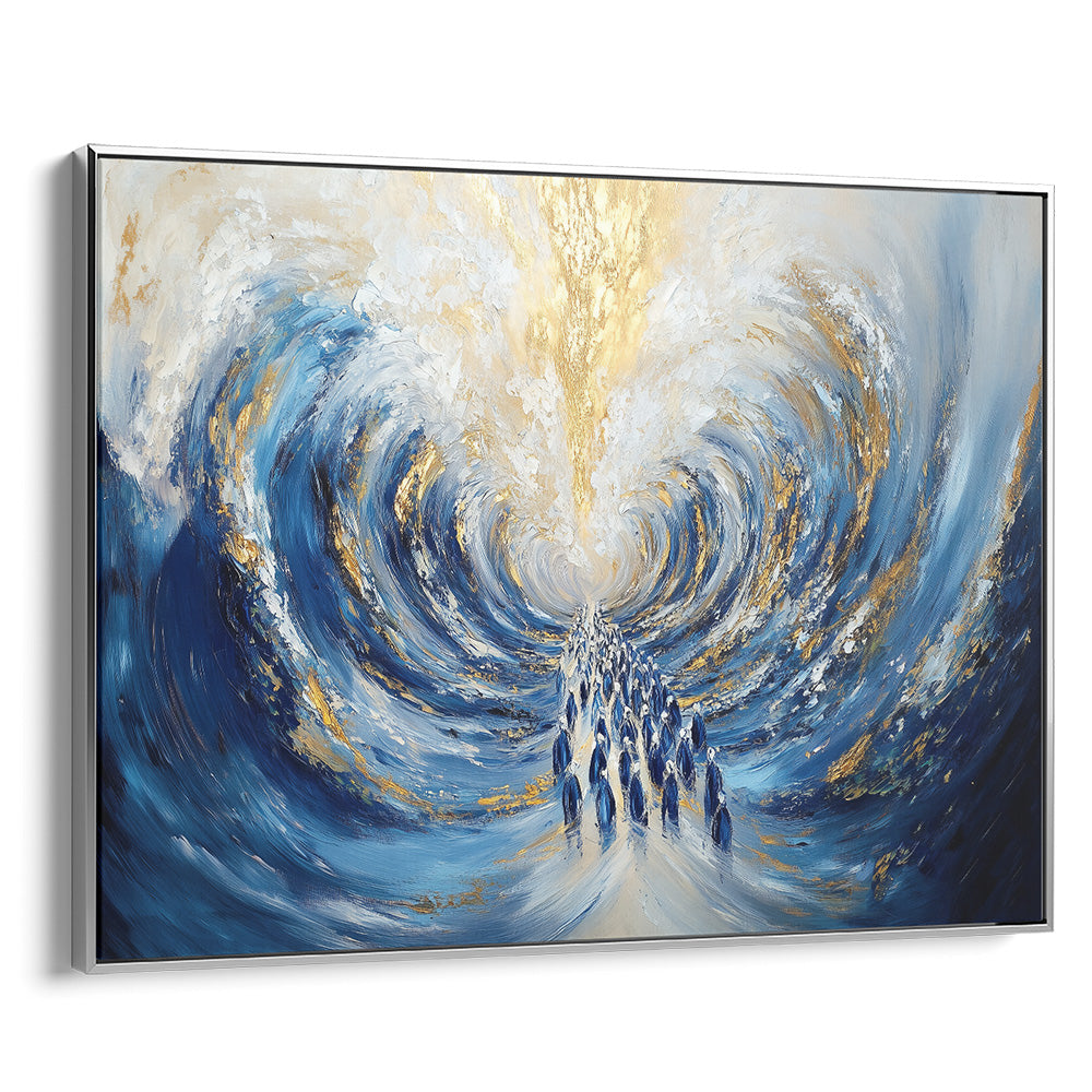 Contemporary Jewish art depicting the Red Sea Miracle; vibrant blue and gold Judaica print in silver frame.