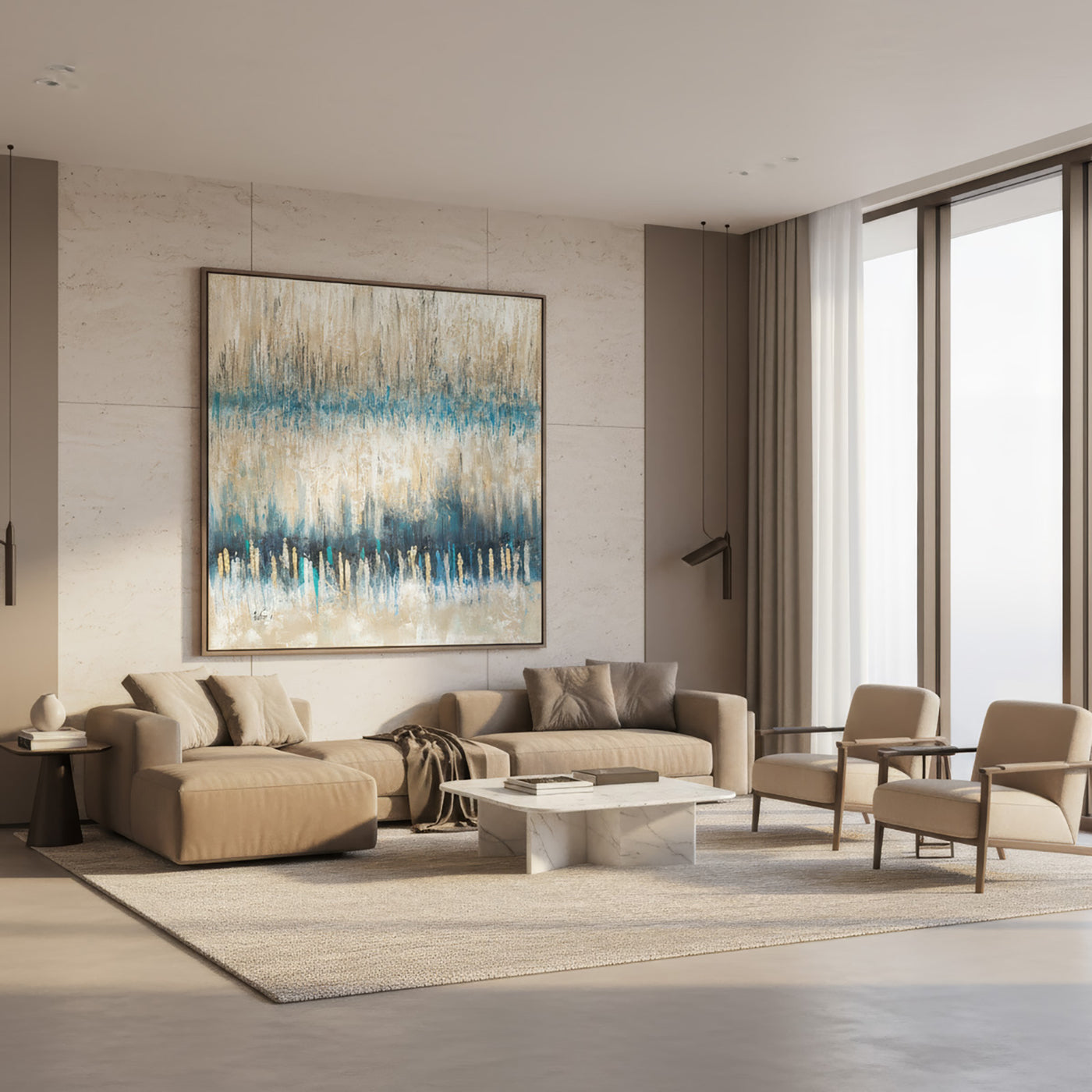 Abstract Jewish art painting in blue and beige tones displayed in a modern minimalist living room interior