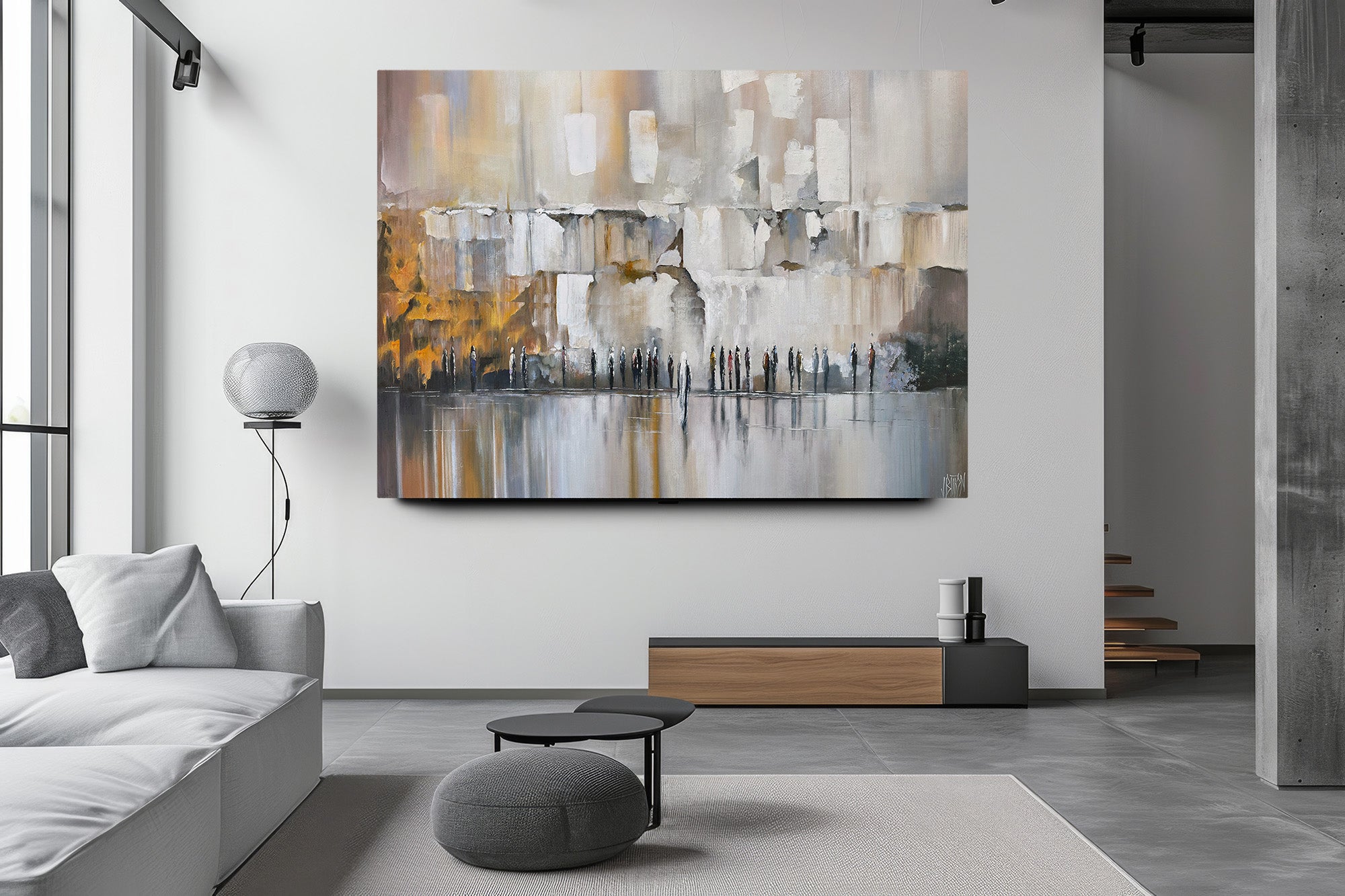 Prayers in Abstract - Western Wall Art by Yossi Biton hanging above a couch, depicting worshipers in prayer at Jerusalem's Western Wall in an abstract style.