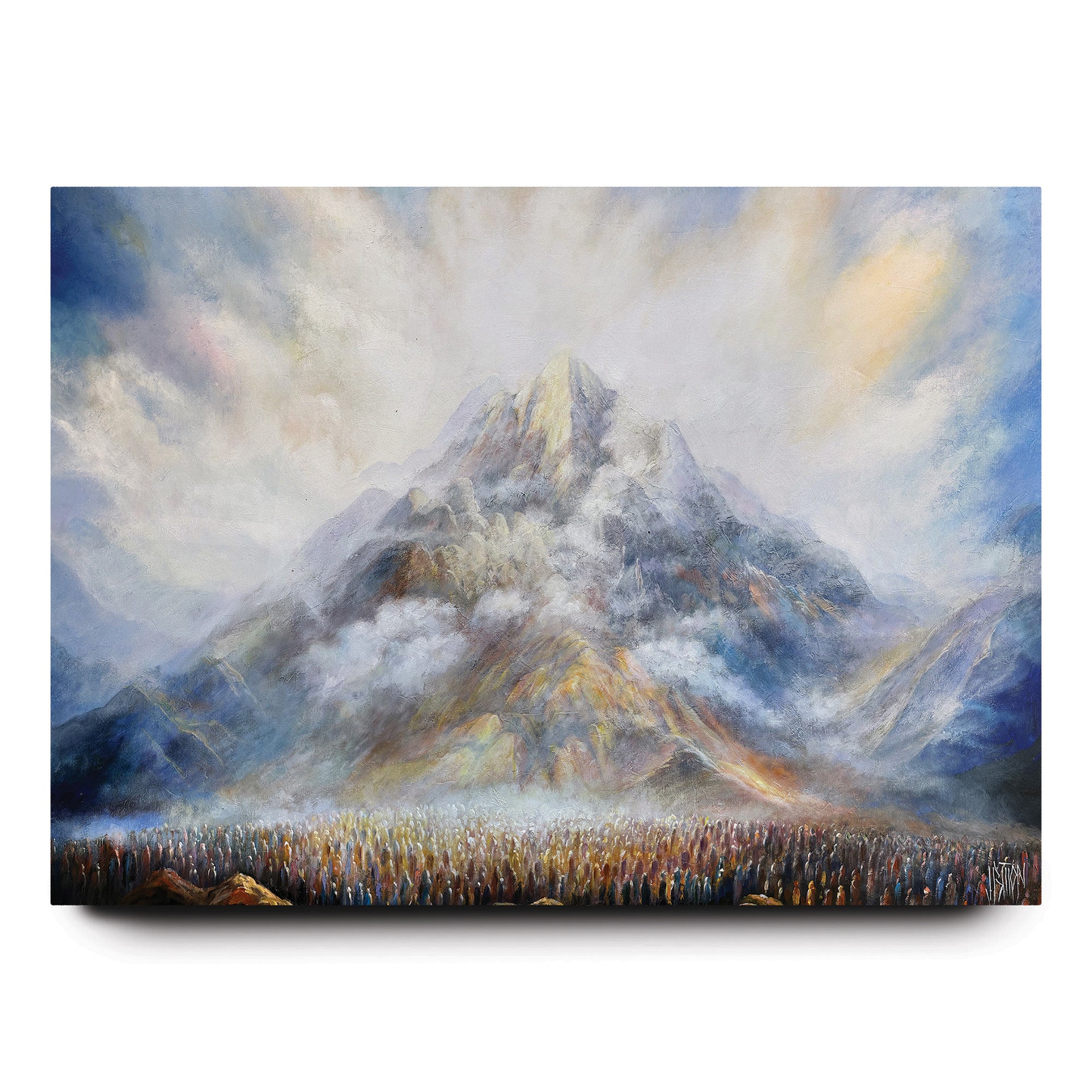 The Giving of the Torah - Sinai Revelation by Yossi Biton: A painting of Mount Sinai enveloped in clouds, capturing the spiritual significance of the Torah's giving.