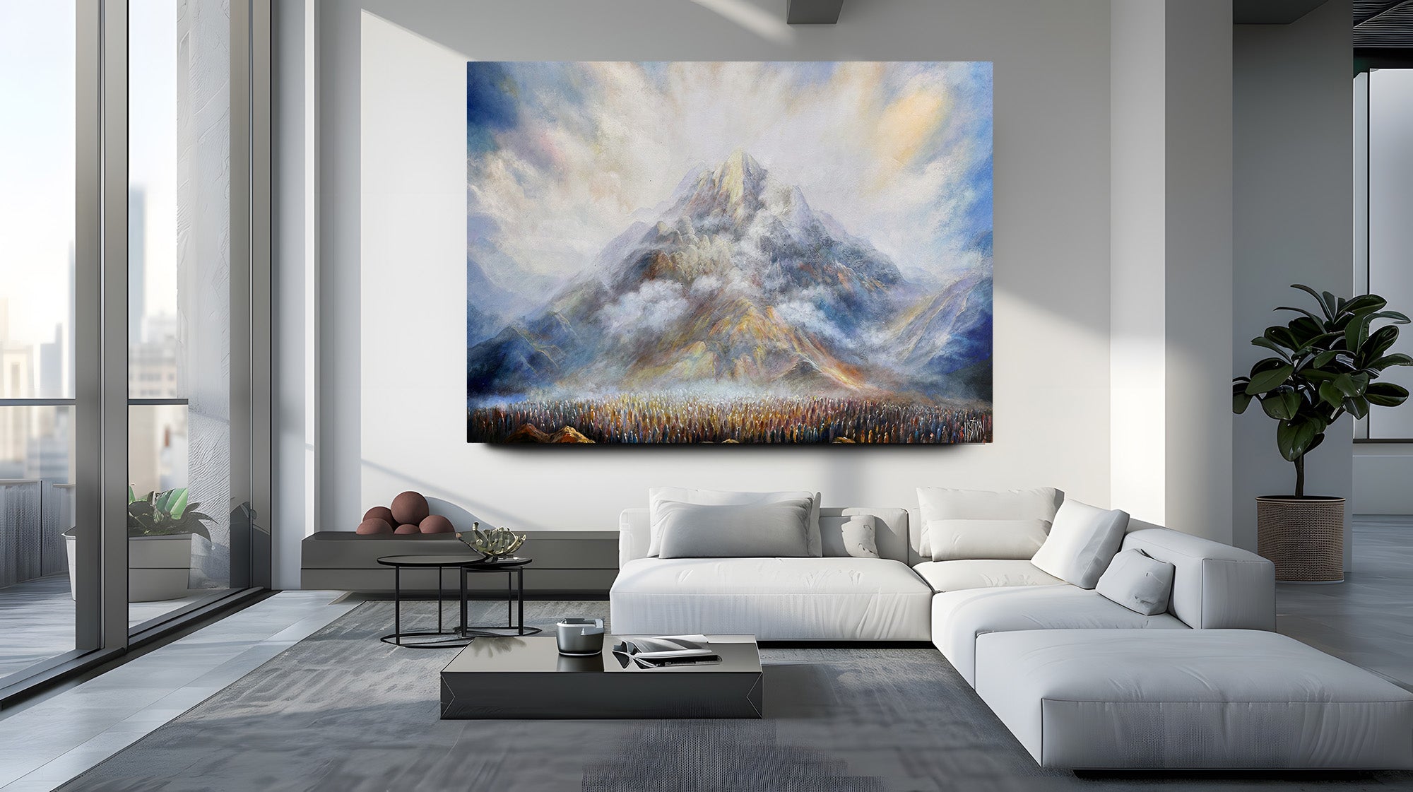 The Giving of the Torah - Sinai Revelation by Yossi Biton, a painting depicting Mount Sinai with clouds, displayed in a living room setting.