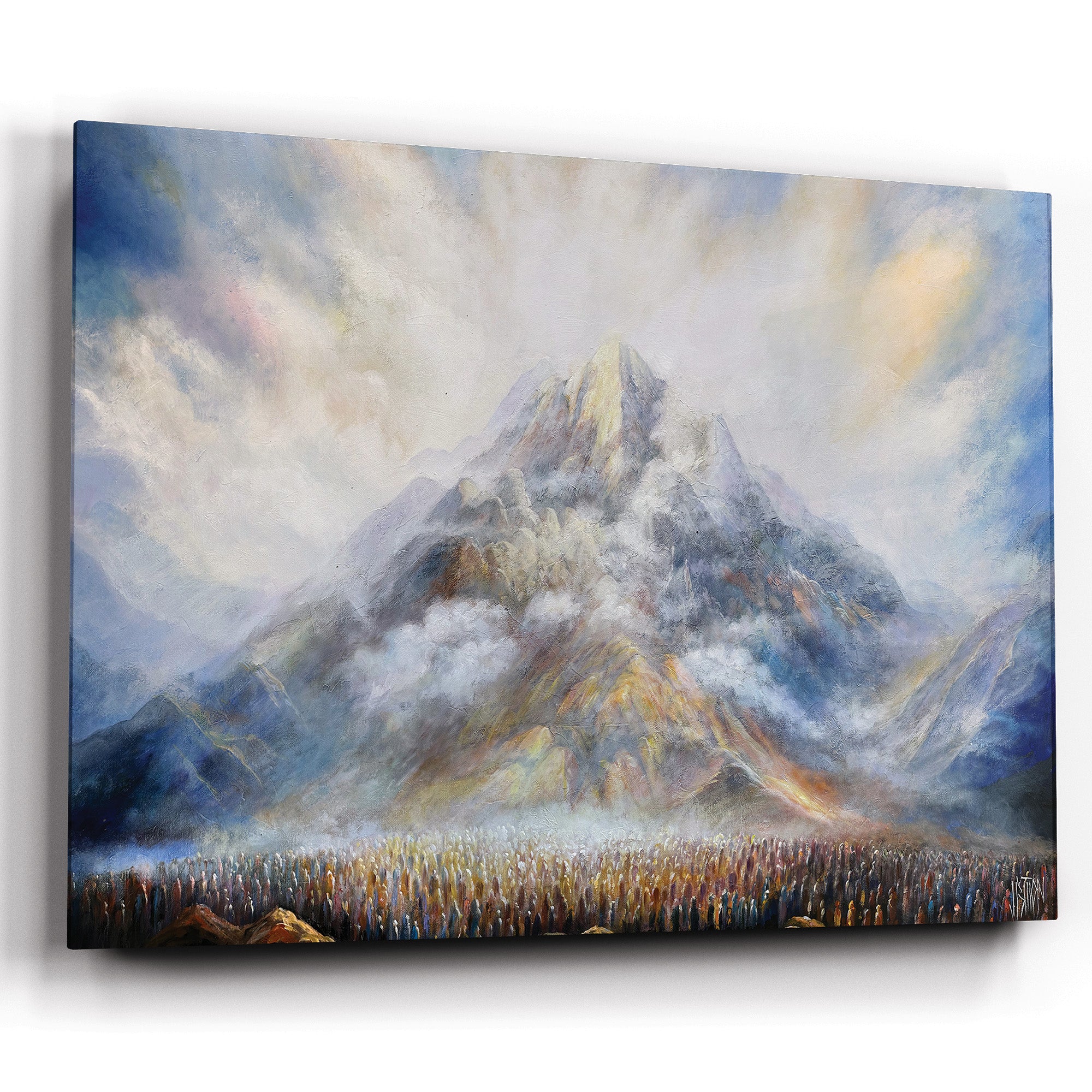 The Giving of the Torah - Sinai Revelation by Yossi Biton: Painting of Mount Sinai enveloped in clouds, depicting the Torah's divine revelation.