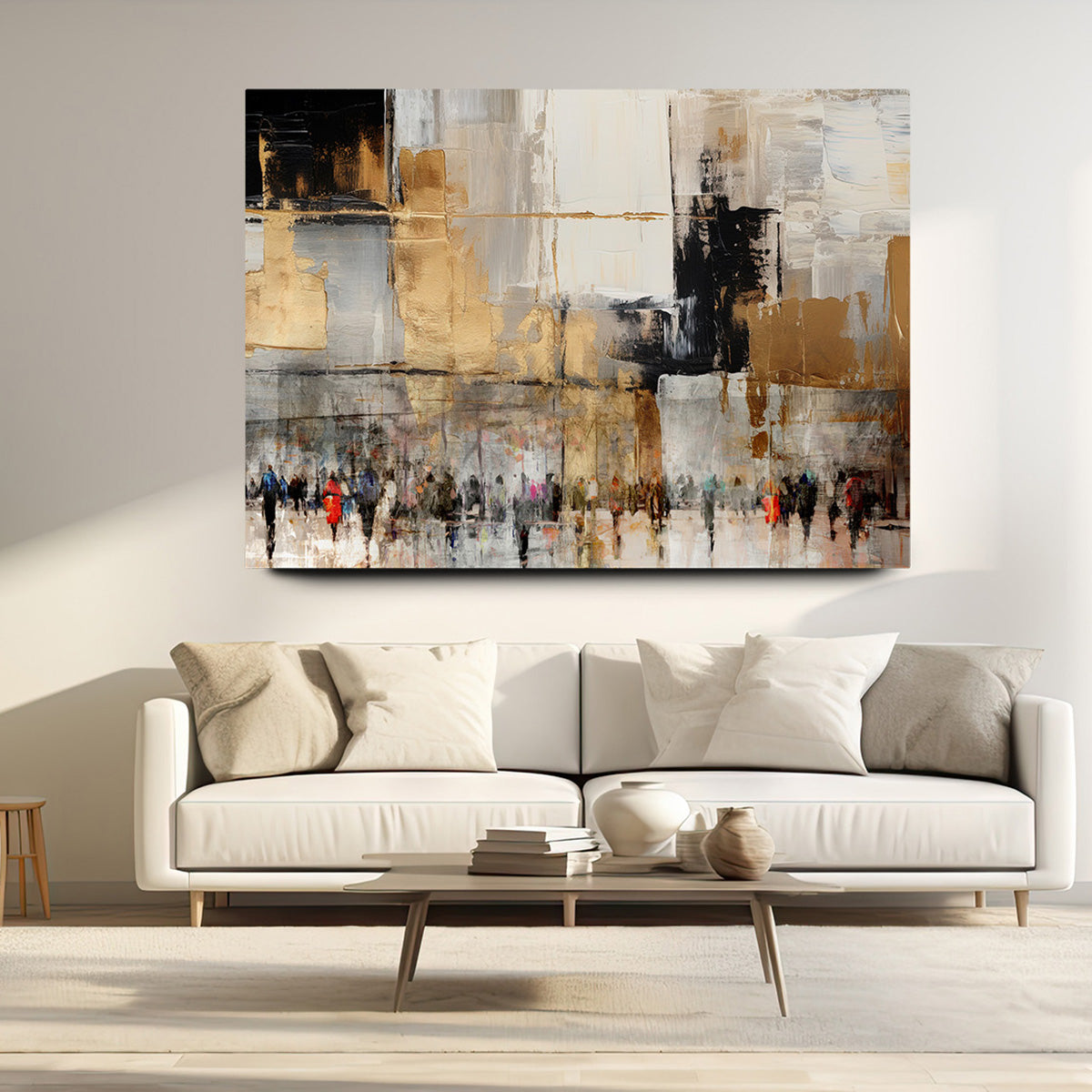 Western Wall - Abstract Jewish Art by Avigdor Ben-Ari displayed above a white couch in a modern living room setting.