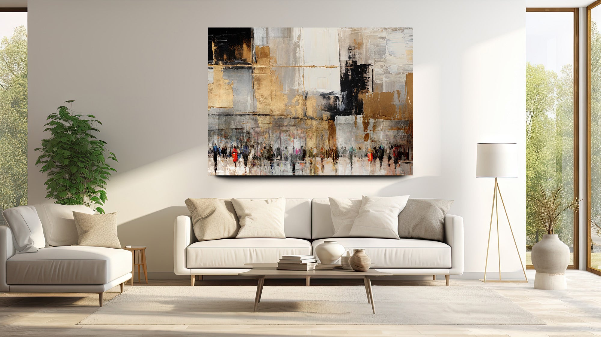 Western Wall - Abstract Jewish Art by Avigdor Ben-Ari displayed above a white couch in a modern living room setting, highlighting its contemporary and spiritual essence.